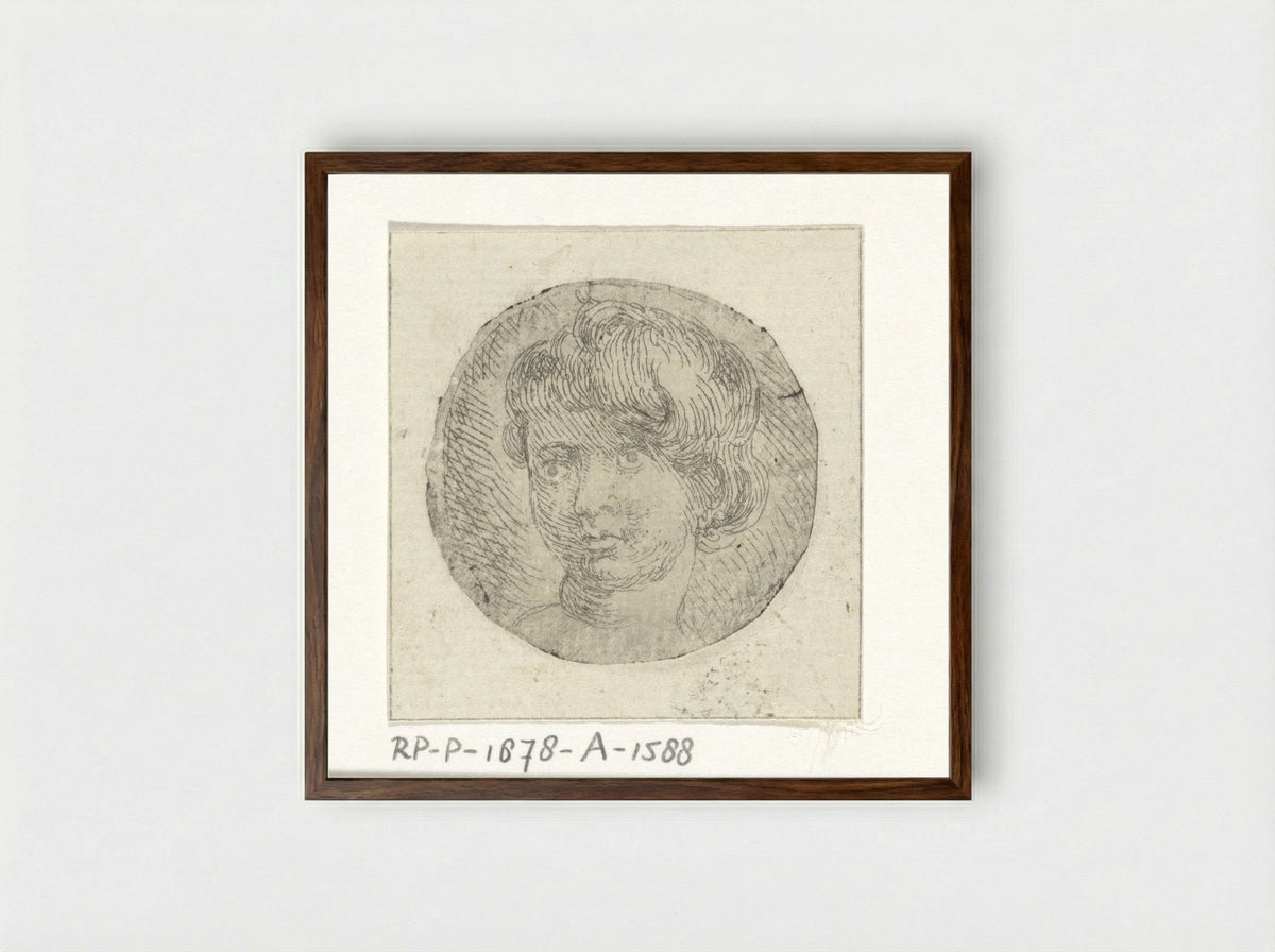 Medaillon met kinderhoofd met kort krullend haar - Peeter Snijers - Framed Print Dark Wood