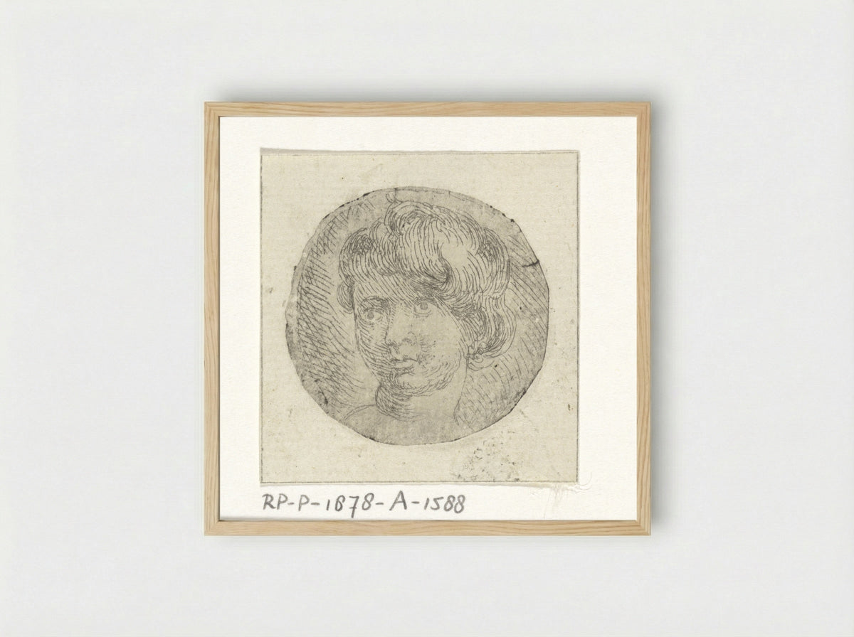 Medaillon met kinderhoofd met kort krullend haar - Peeter Snijers - Framed Print Wood
