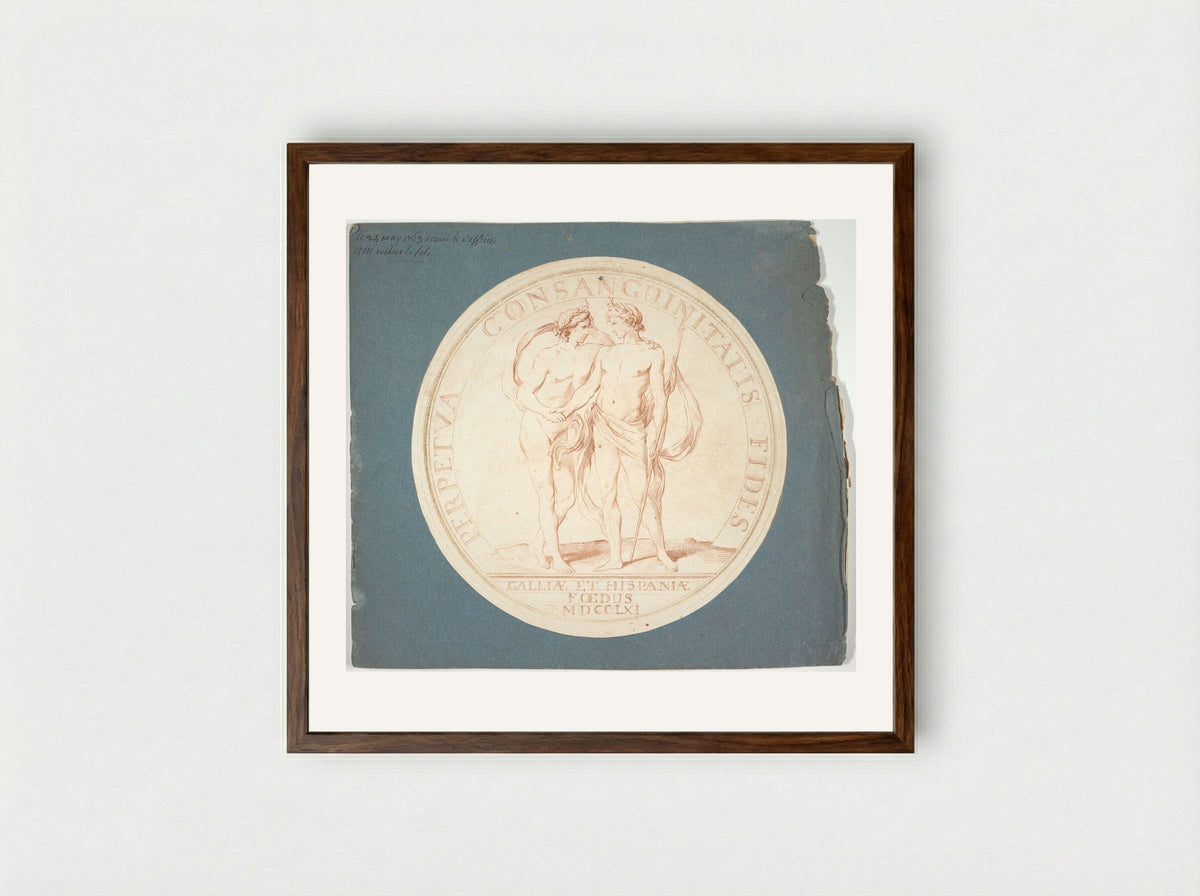 Medal Design, France and Spain: PERPETUA CONSANGUINITATIS FIDES - Louis-Claude Vassé - Framed Print Dark Wood