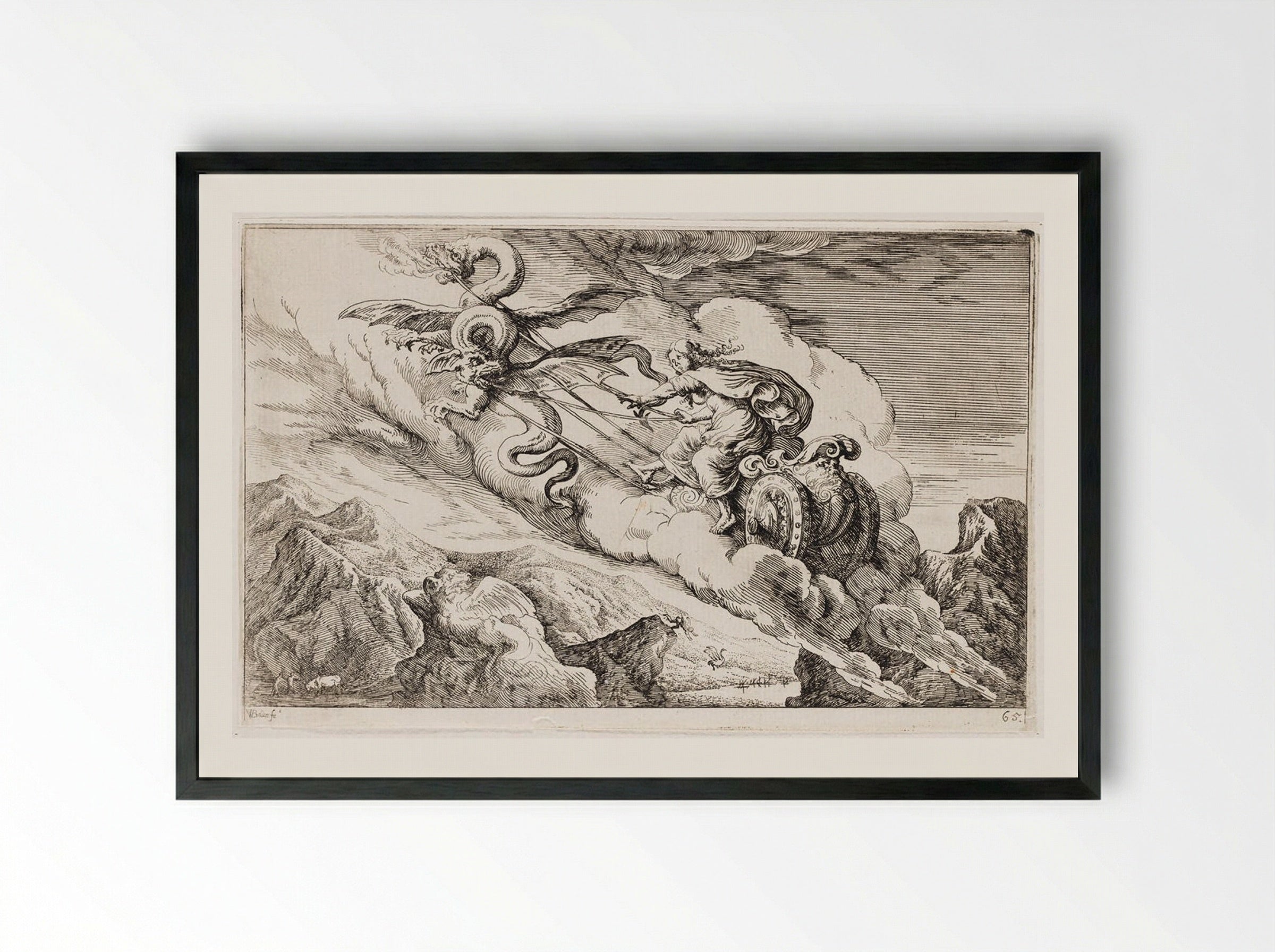 Medea Flees in Her Chariot Drawn by Winged Serpents - Johann Wilhelm Baur - Framed Print Black