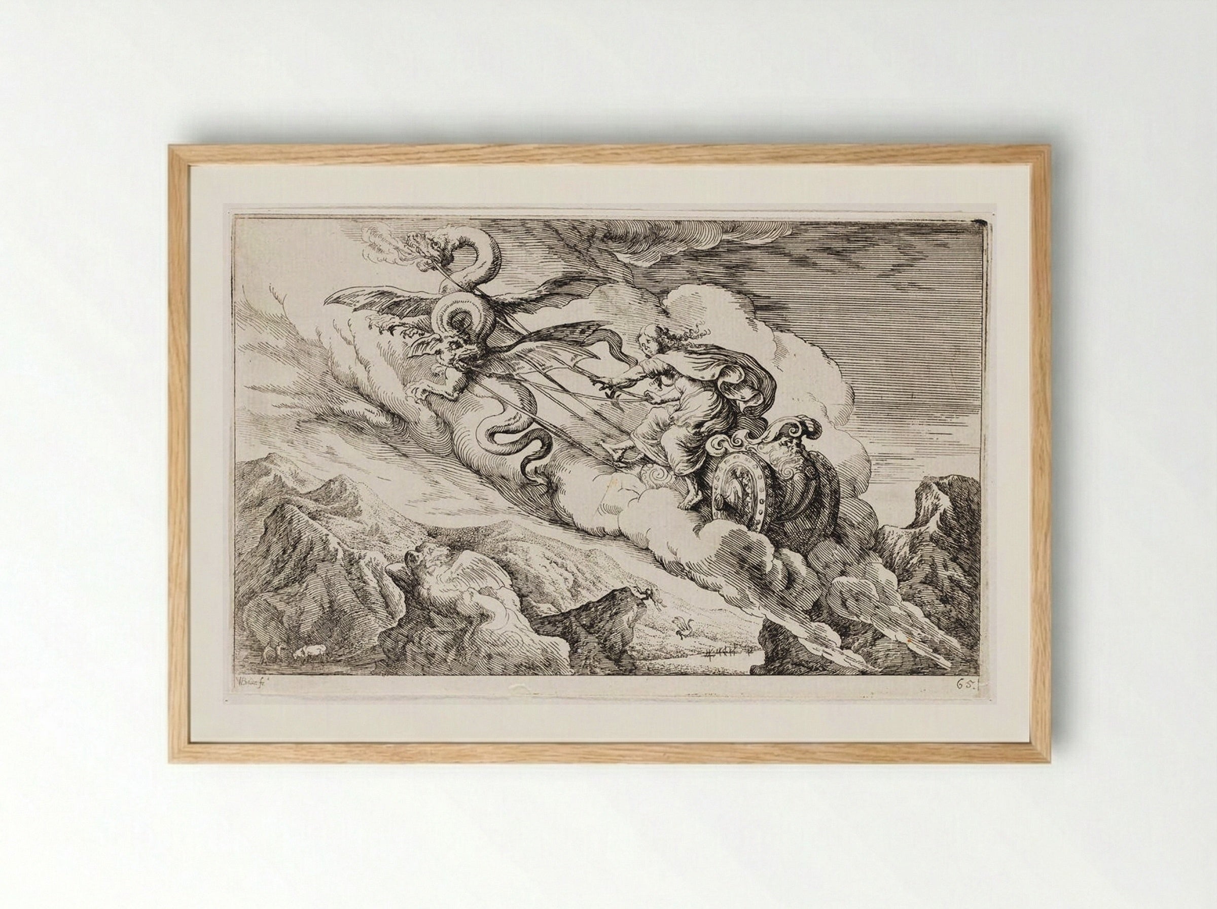 Medea Flees in Her Chariot Drawn by Winged Serpents - Johann Wilhelm Baur - Framed Print Wood