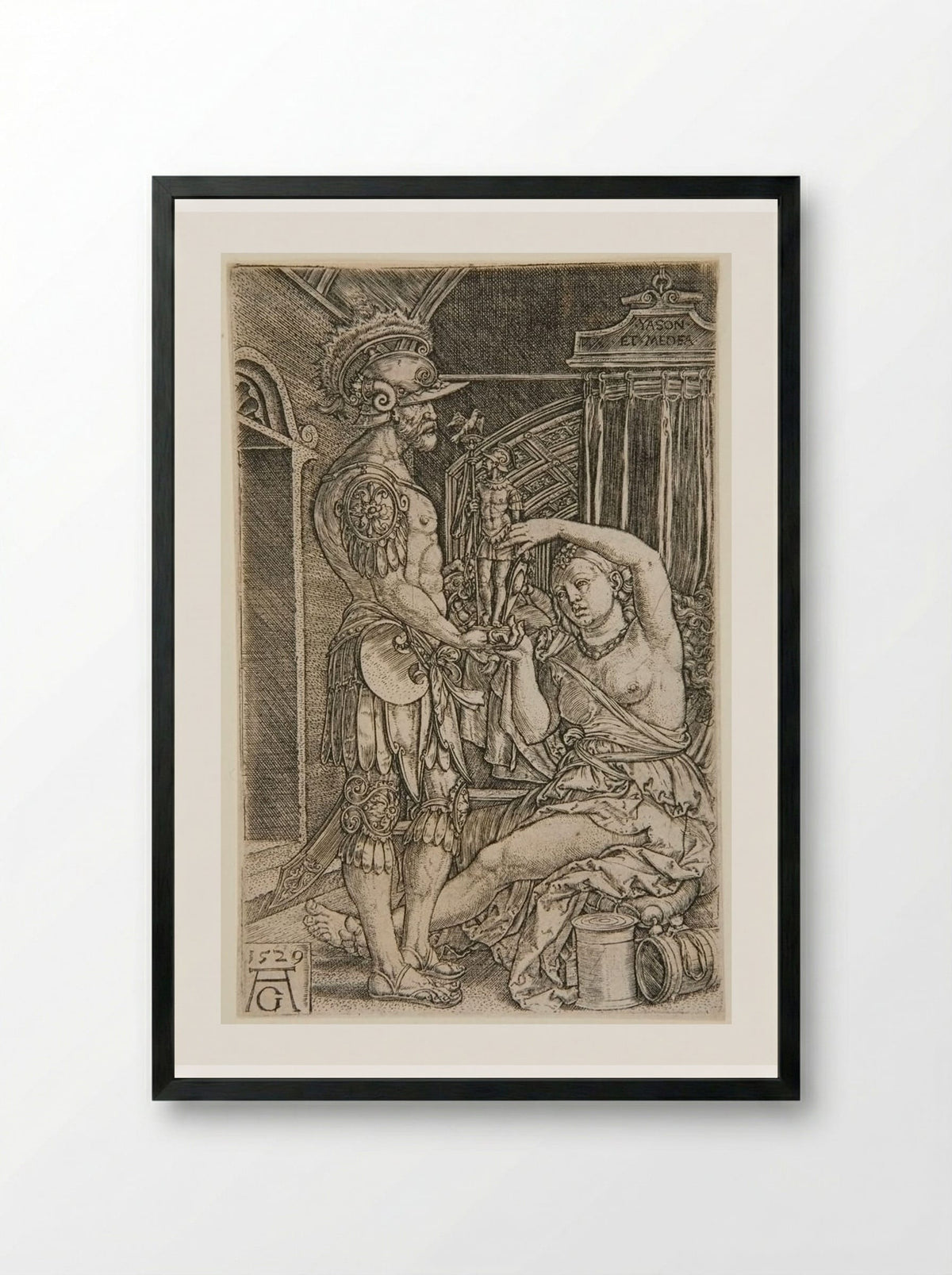 Medea Presents a Statue of an Armed Man to Jason - Heinrich Aldegrever - Framed Print Black