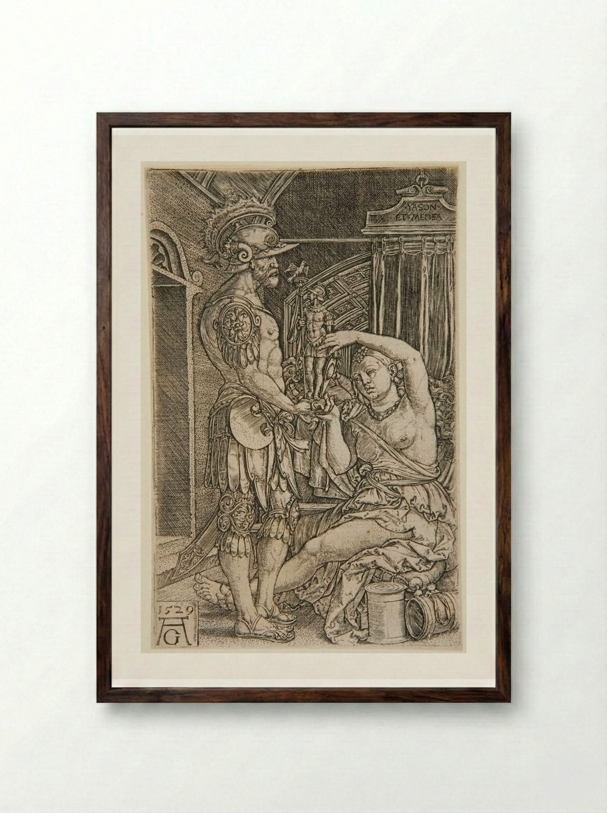 Medea Presents a Statue of an Armed Man to Jason - Heinrich Aldegrever - Framed Print Dark Wood