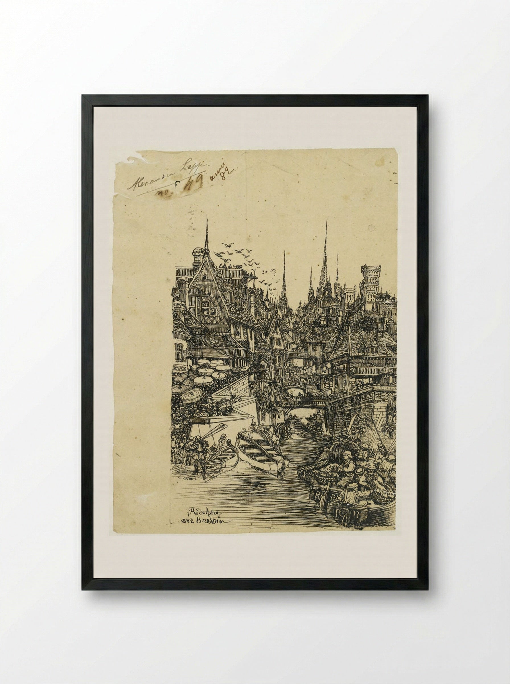Medieval Town with Canal and Boats - Rodolphe Bresdin - Framed Print Black