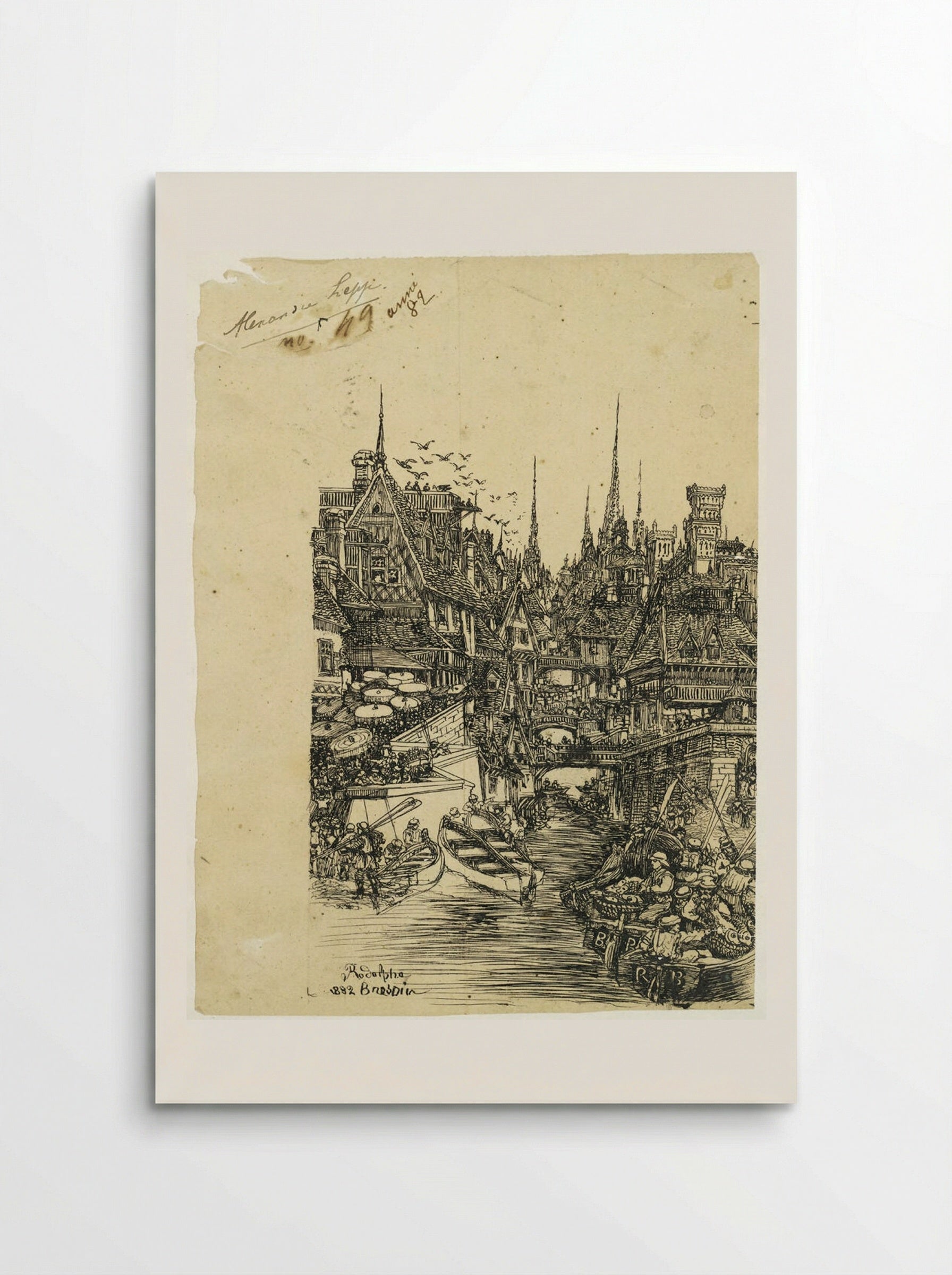 Medieval Town with Canal and Boats - Rodolphe Bresdin - Poster