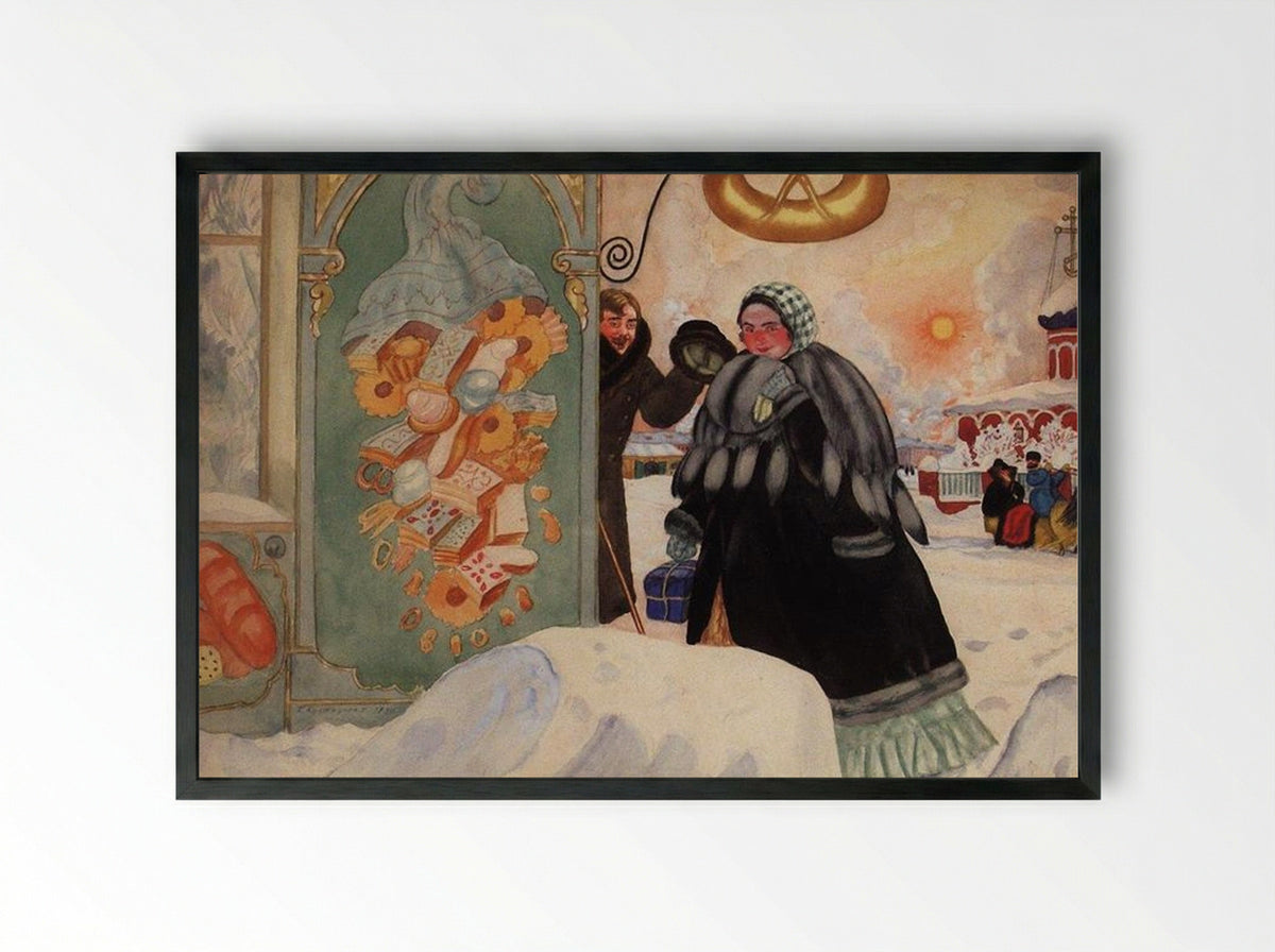 Meeting on the corner - Boris Kustodiev - Framed Print Black