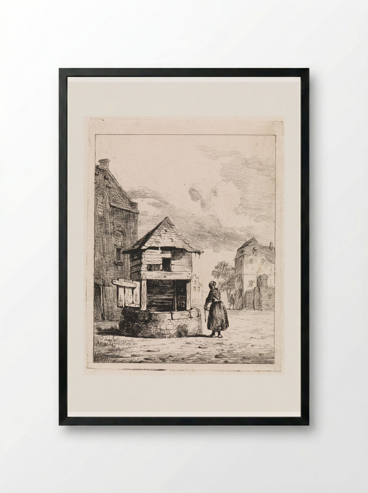 Meisje bij een waterput - Cornelis Springer - Framed Print Black