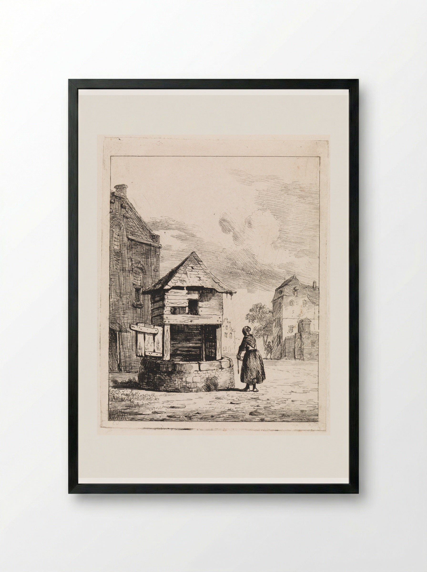 Meisje bij een waterput - Cornelis Springer - Framed Print Black