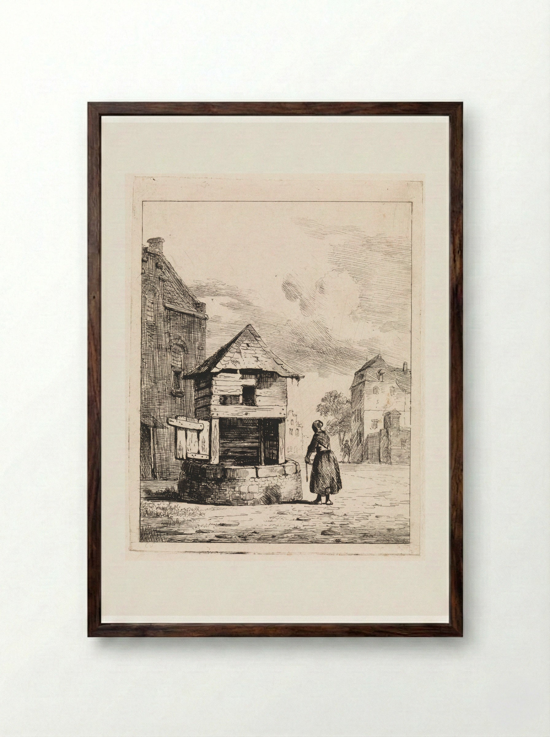 Meisje bij een waterput - Cornelis Springer - Framed Print Dark Wood