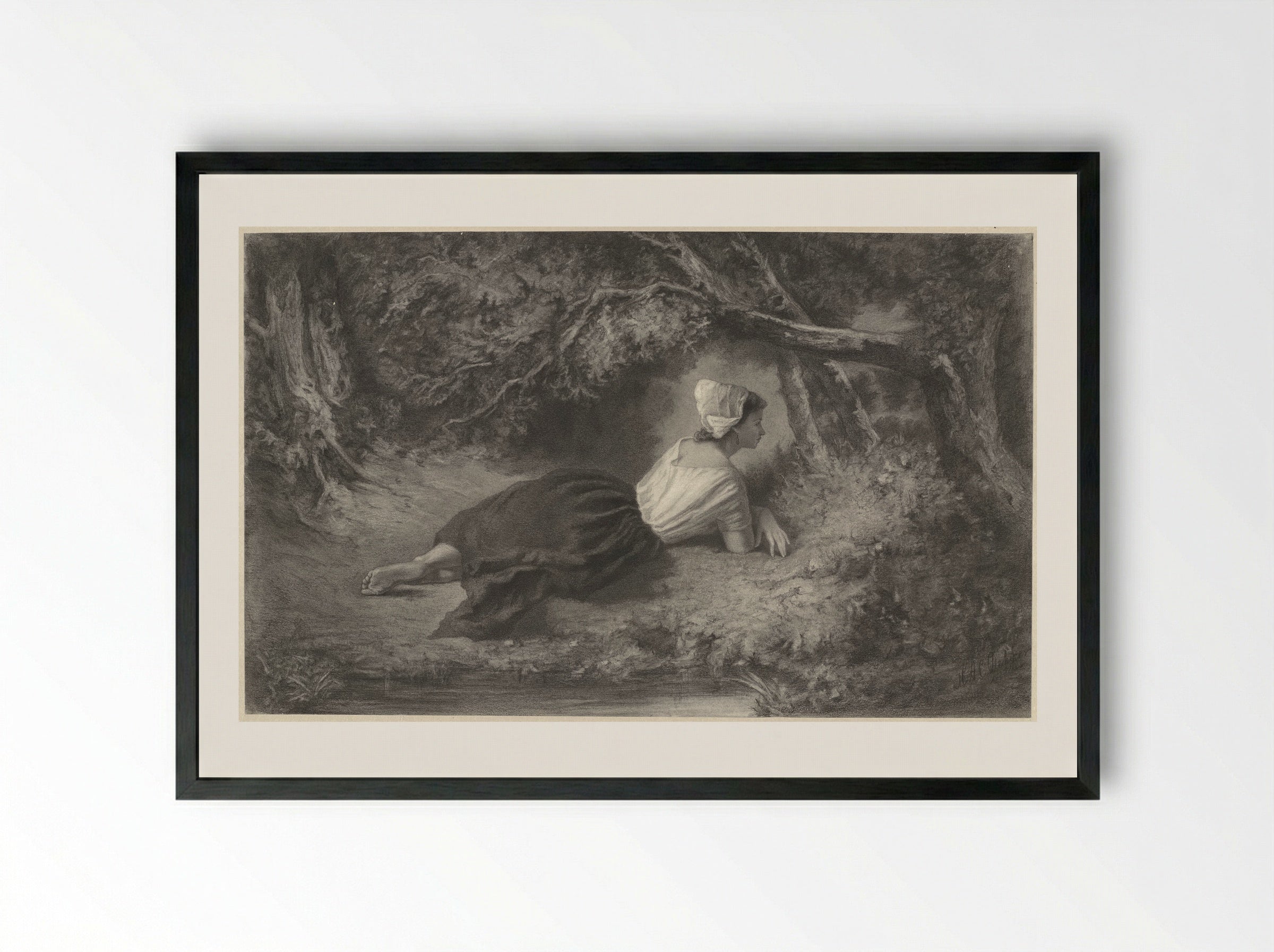 Meisje, liggend onder bomen bij een water - Hendrik Adriaan Christiaan Dekker - Framed Print Black