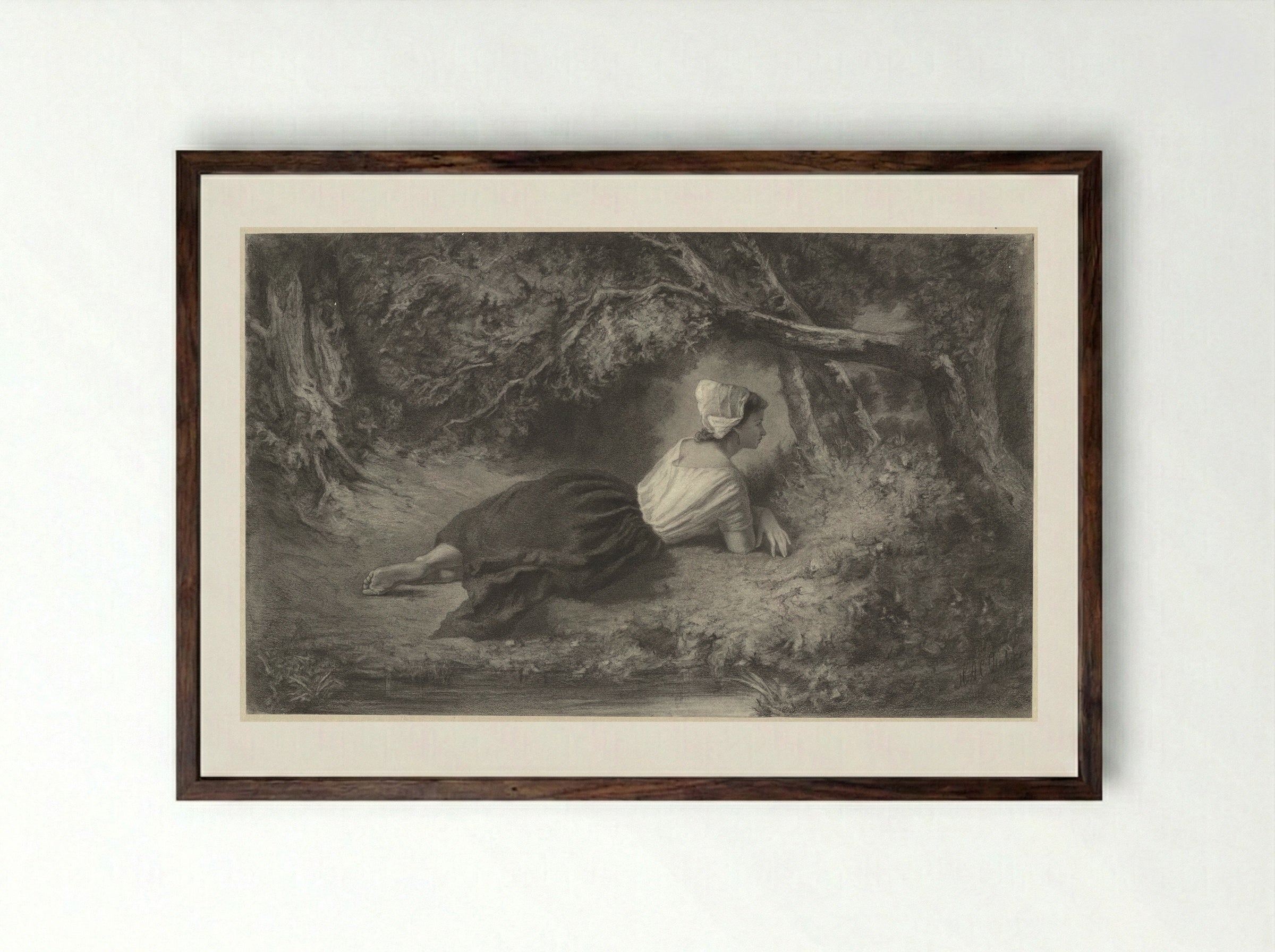Meisje, liggend onder bomen bij een water - Hendrik Adriaan Christiaan Dekker - Framed Print Dark Wood