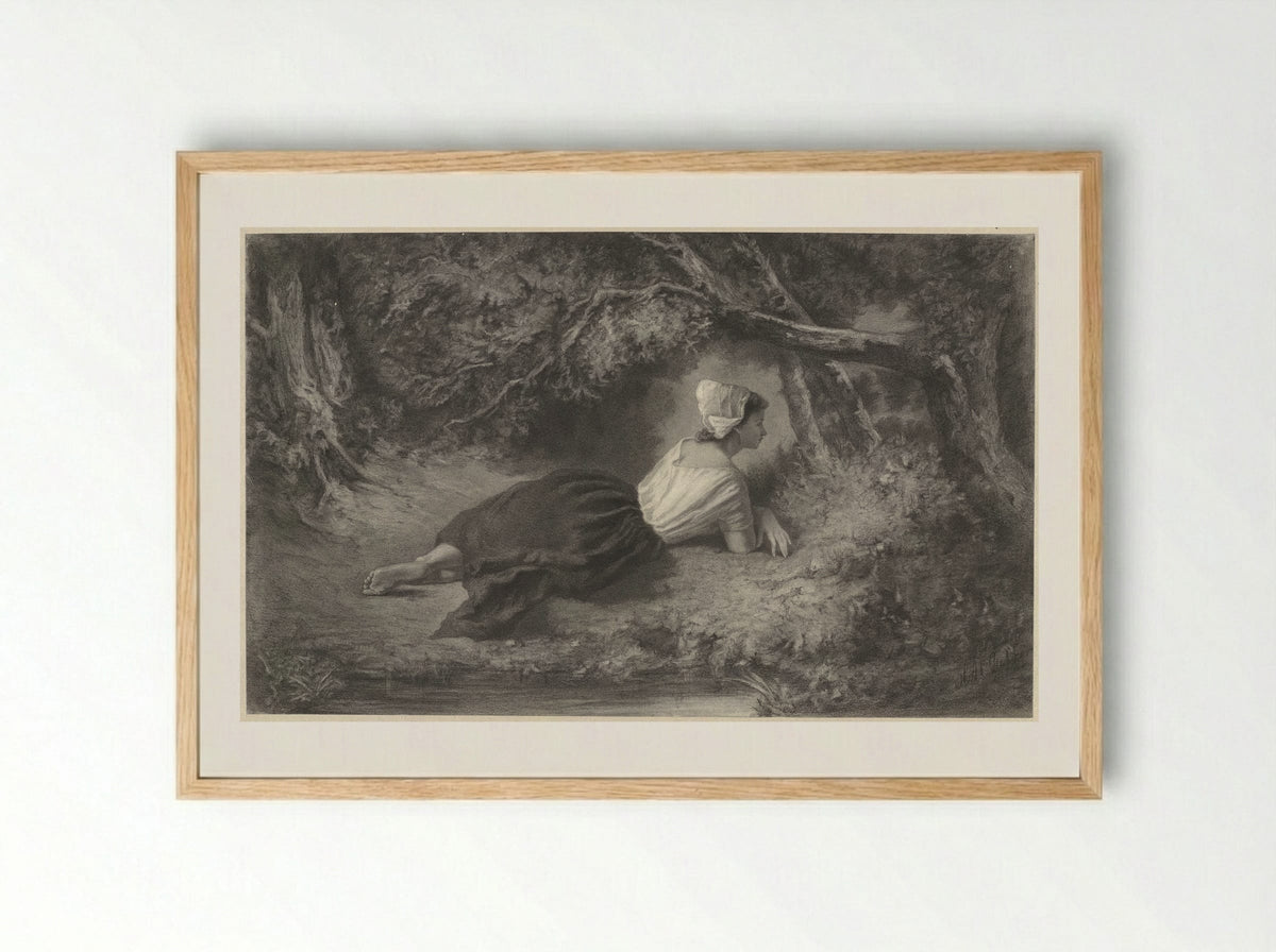 Meisje, liggend onder bomen bij een water - Hendrik Adriaan Christiaan Dekker - Framed Print Wood