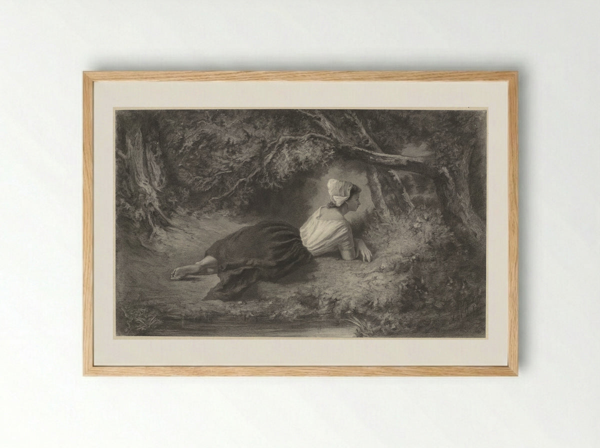 Meisje, liggend onder bomen bij een water - Hendrik Adriaan Christiaan Dekker - Framed Print Wood