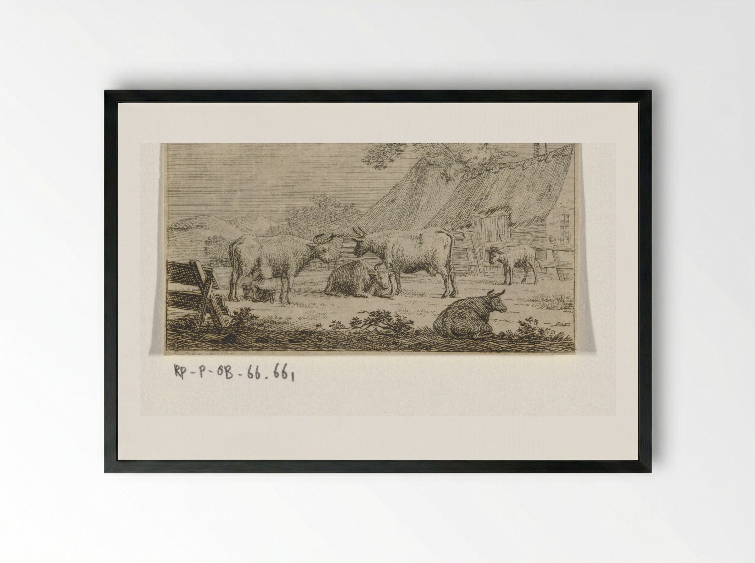 Melkende boerin bij koeien voor een boerderij - Jacob Elias van Varelen - Framed Print Black
