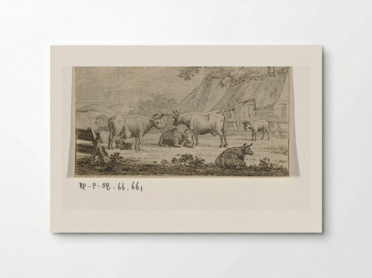 Melkende boerin bij koeien voor een boerderij - Jacob Elias van Varelen - Poster