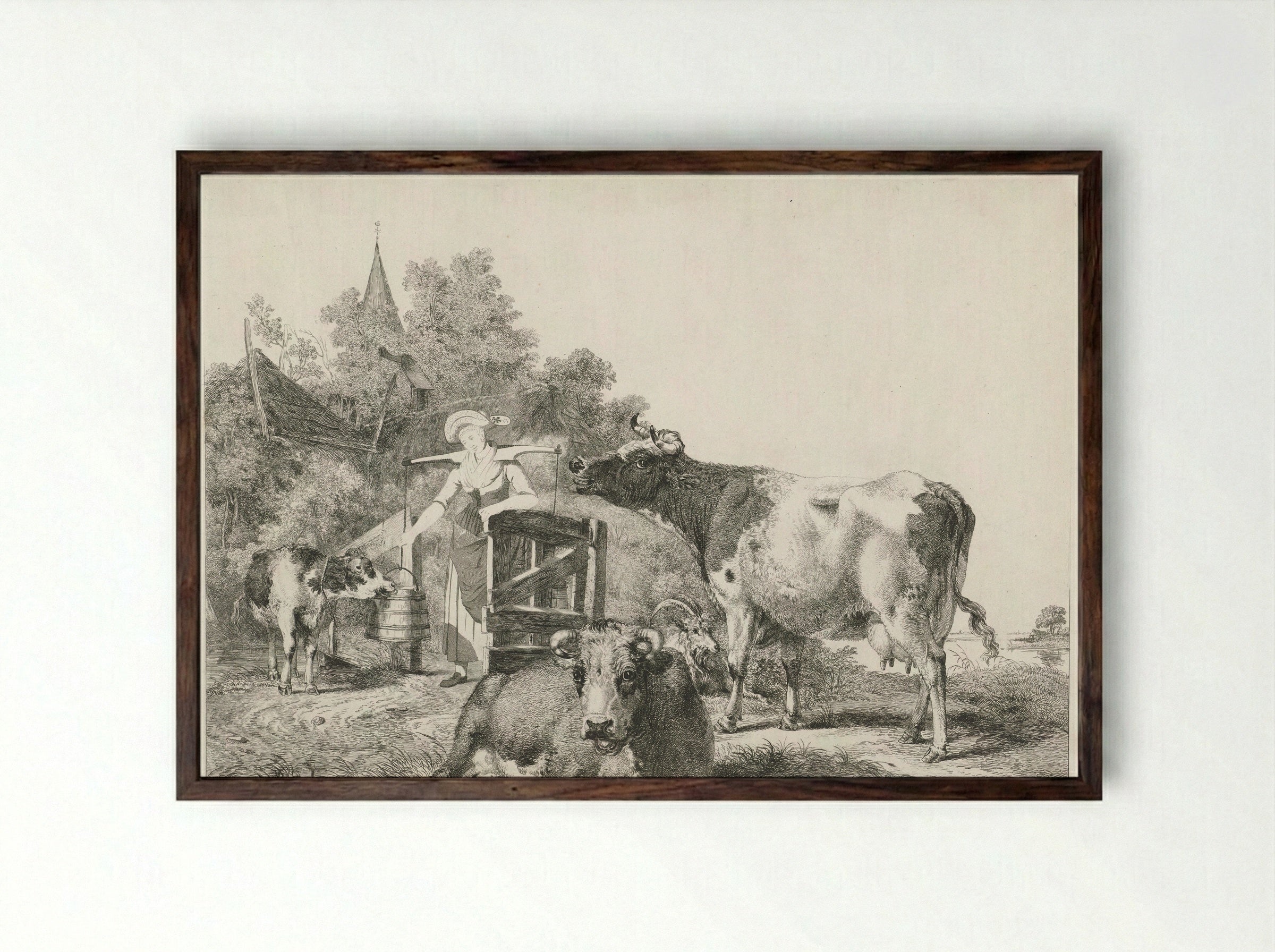 Melkmeisje met drie koeien - Pieter Gerardus van Os - Framed Print Dark Wood