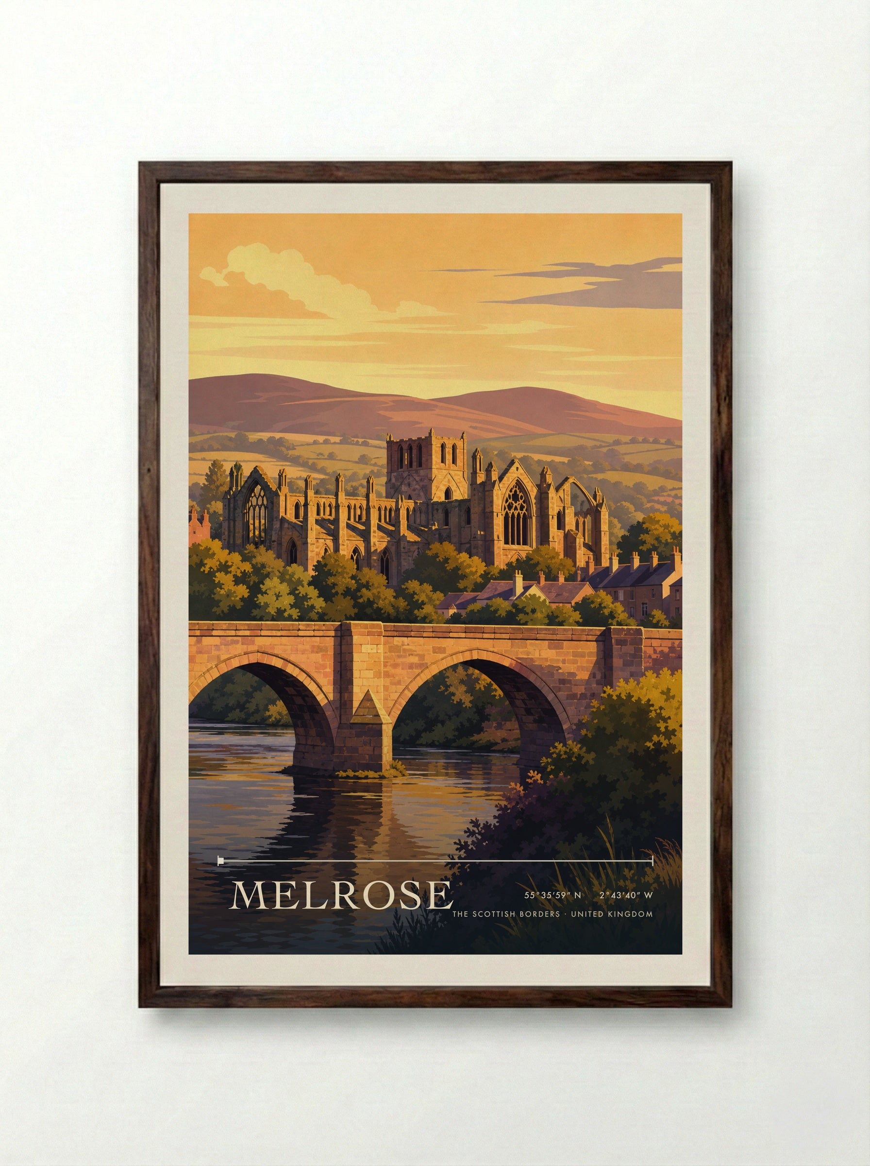 Melrose The Scottish Borders United Kingdom Travel Poster - Framed Print Dark Wood