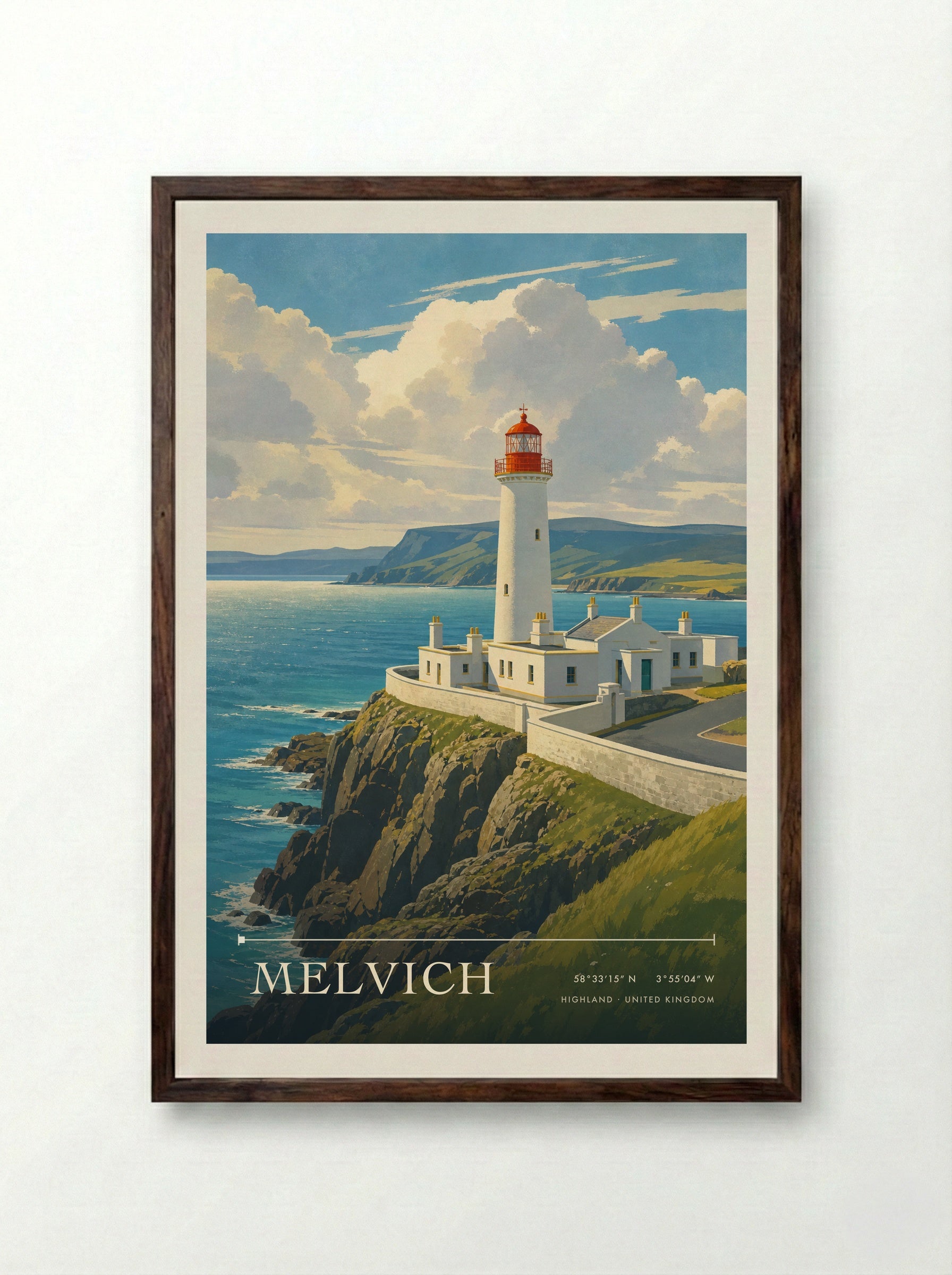 Melvich Highland United Kingdom Travel Poster - Framed Print Dark Wood