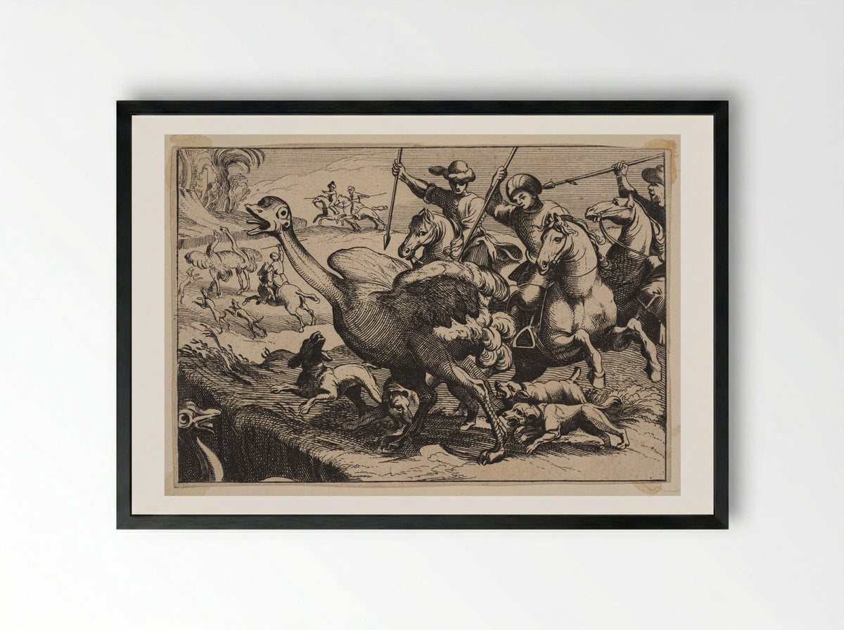 Men and Dogs Hunting Ostriches - Antonio Tempesta - Framed Print Black
