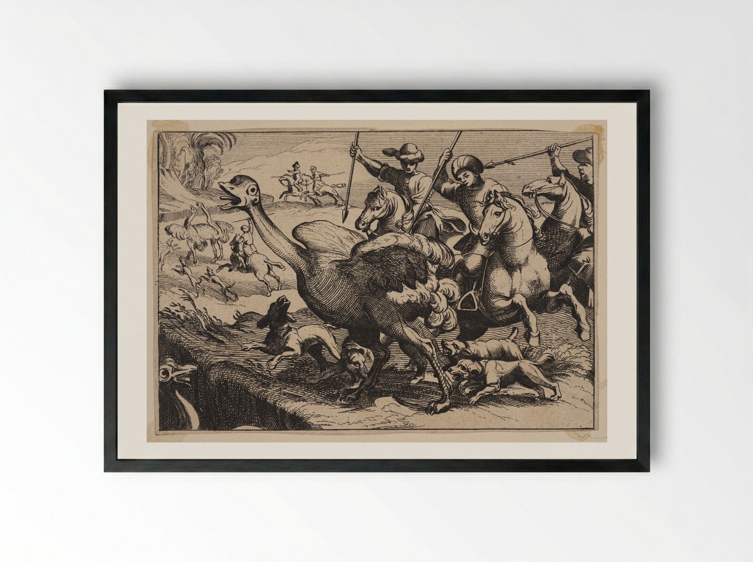 Men and Dogs Hunting Ostriches - Antonio Tempesta - Framed Print Black