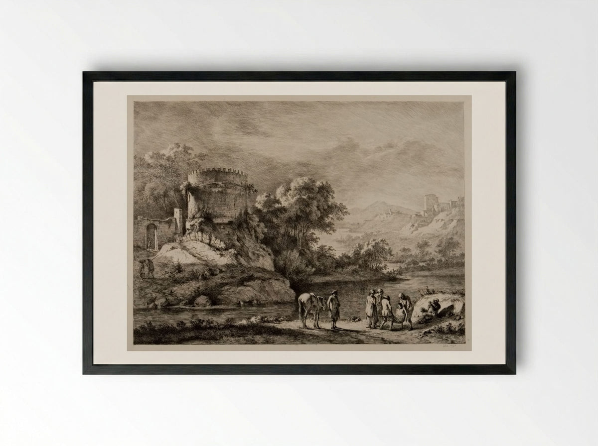 Men on Bank of a River Carrying a Drowned Man - Jean-Jacques de Boissieu - Framed Print Black