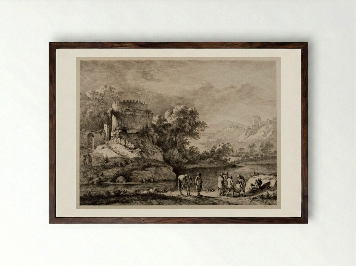 Men on Bank of a River Carrying a Drowned Man - Jean-Jacques de Boissieu - Framed Print Dark Wood