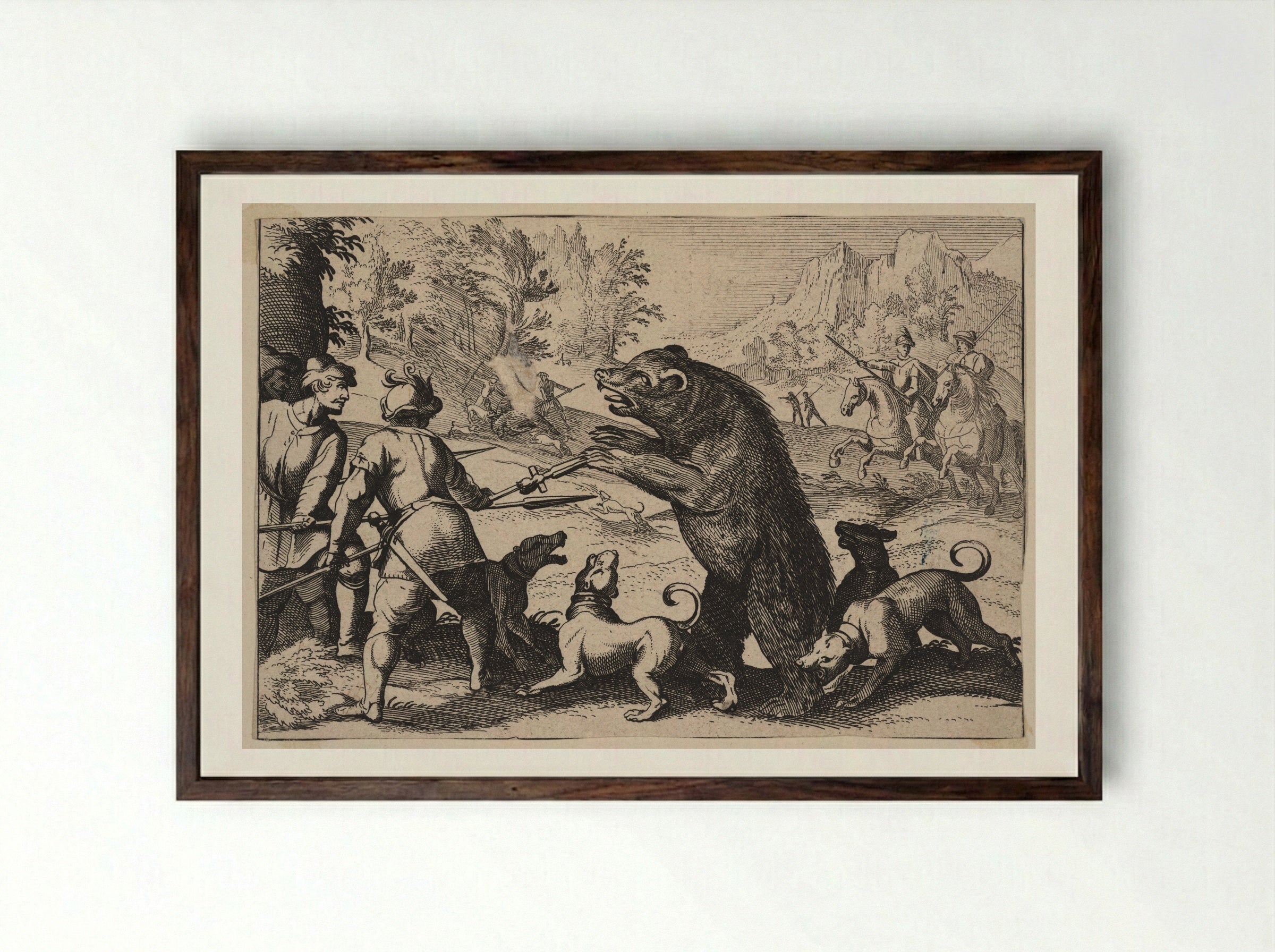 Men on Foot and Dogs Fighting a Large Bear - Antonio Tempesta - Framed Print Dark Wood