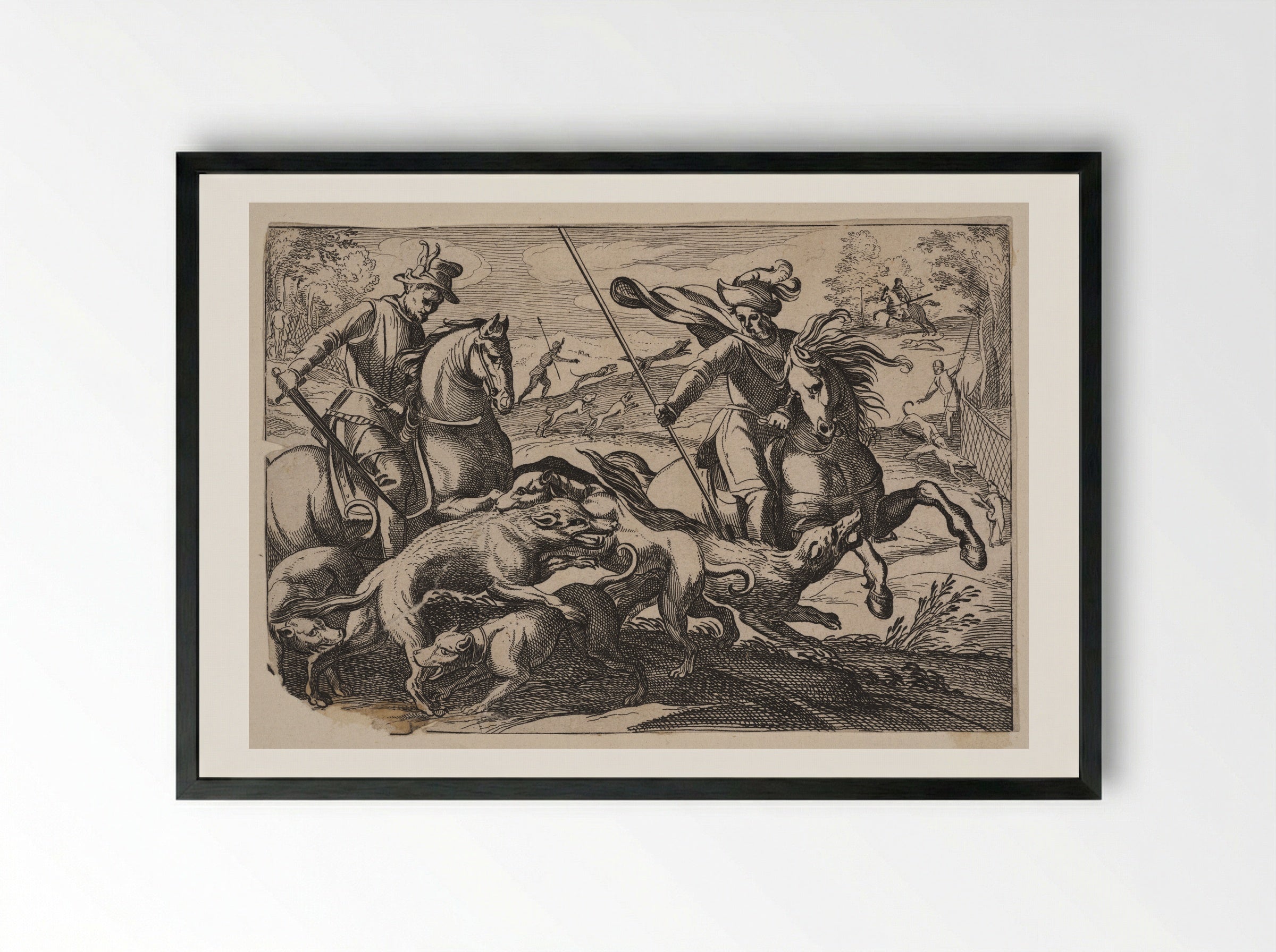 Men on Horseback and Dogs Hunting Wolves - Antonio Tempesta - Framed Print Black