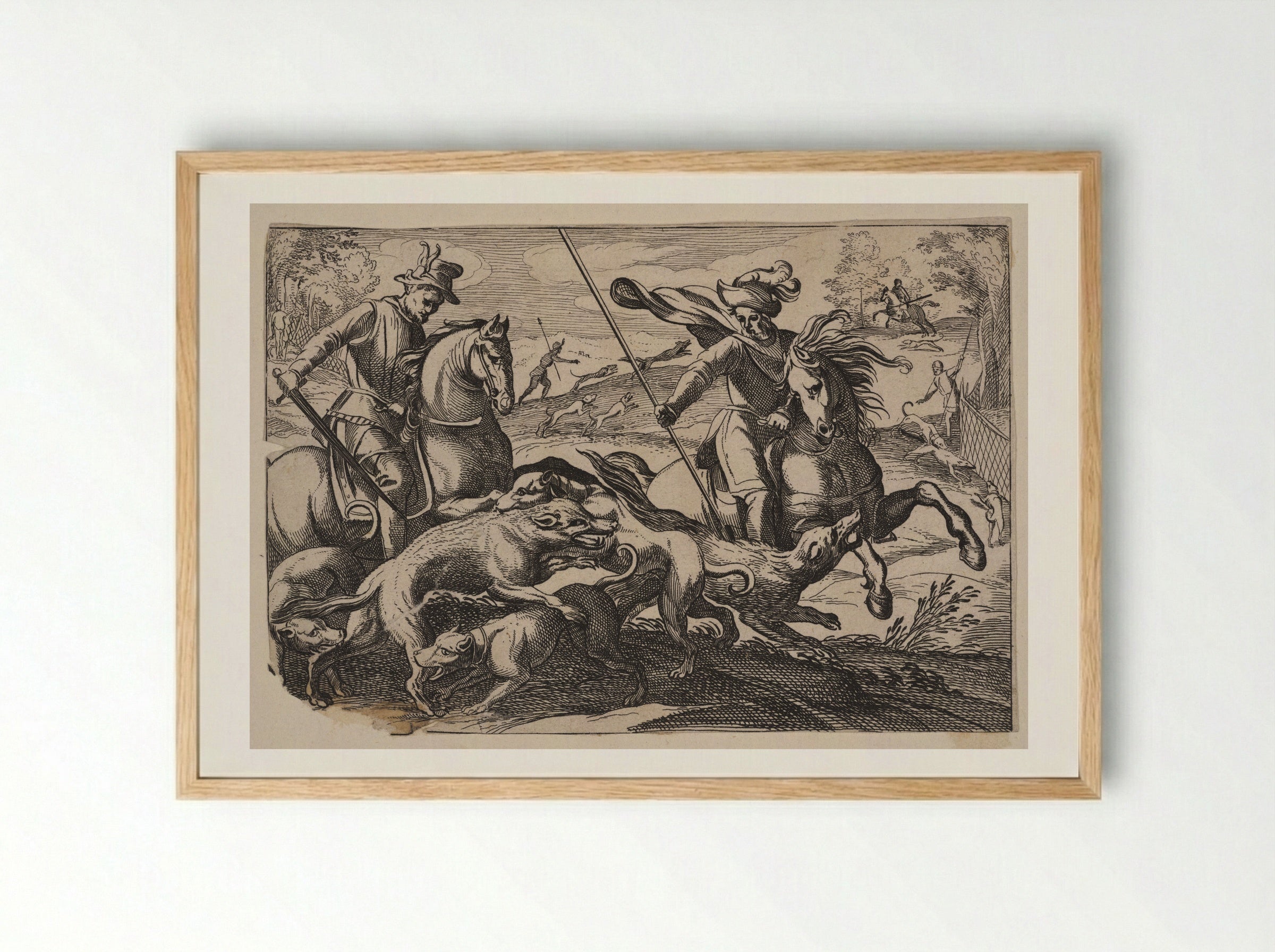 Men on Horseback and Dogs Hunting Wolves - Antonio Tempesta - Framed Print Wood