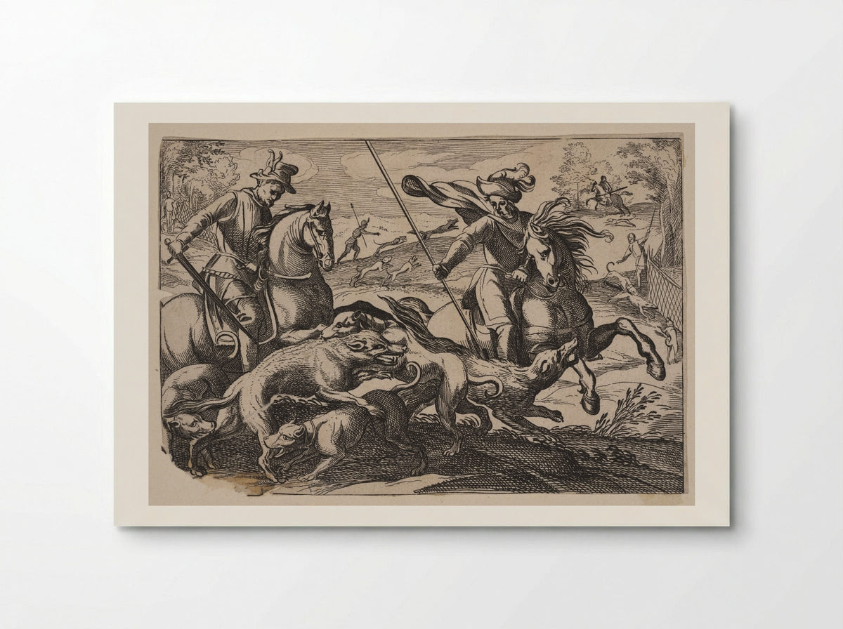 Men on Horseback and Dogs Hunting Wolves - Antonio Tempesta - Poster