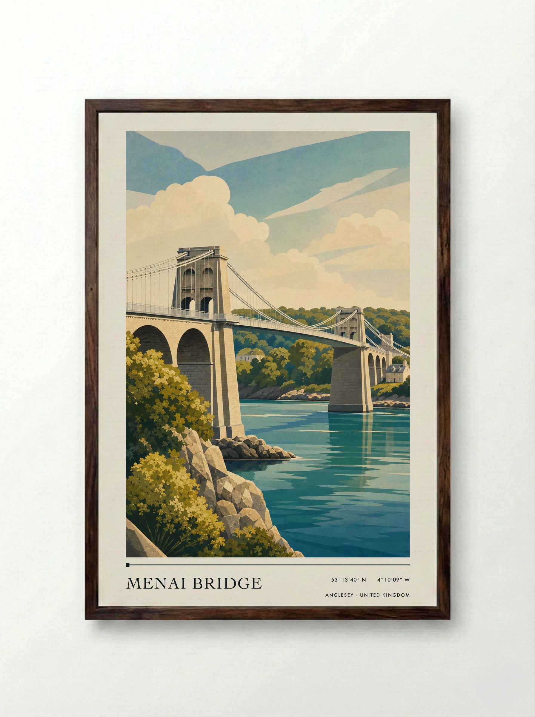 Menai Bridge Anglesey United Kingdom Travel Poster - Framed Print Dark Wood
