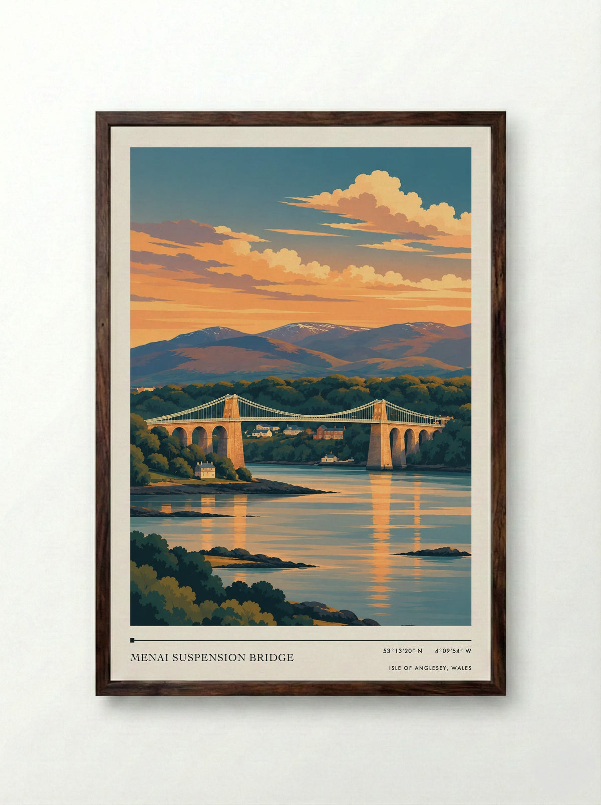 Menai Suspension Bridge, Isle of Anglesey, Wales | Travel Poster - Framed Print Dark Wood