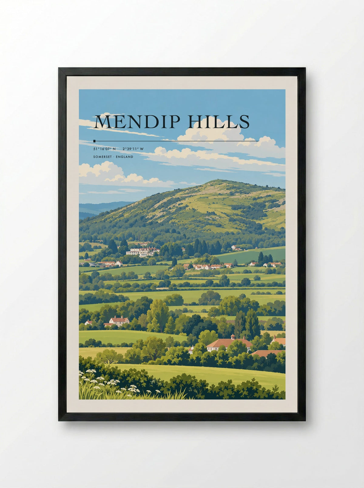 Mendip Hills, Somerset | Travel Poster - Framed Print Black