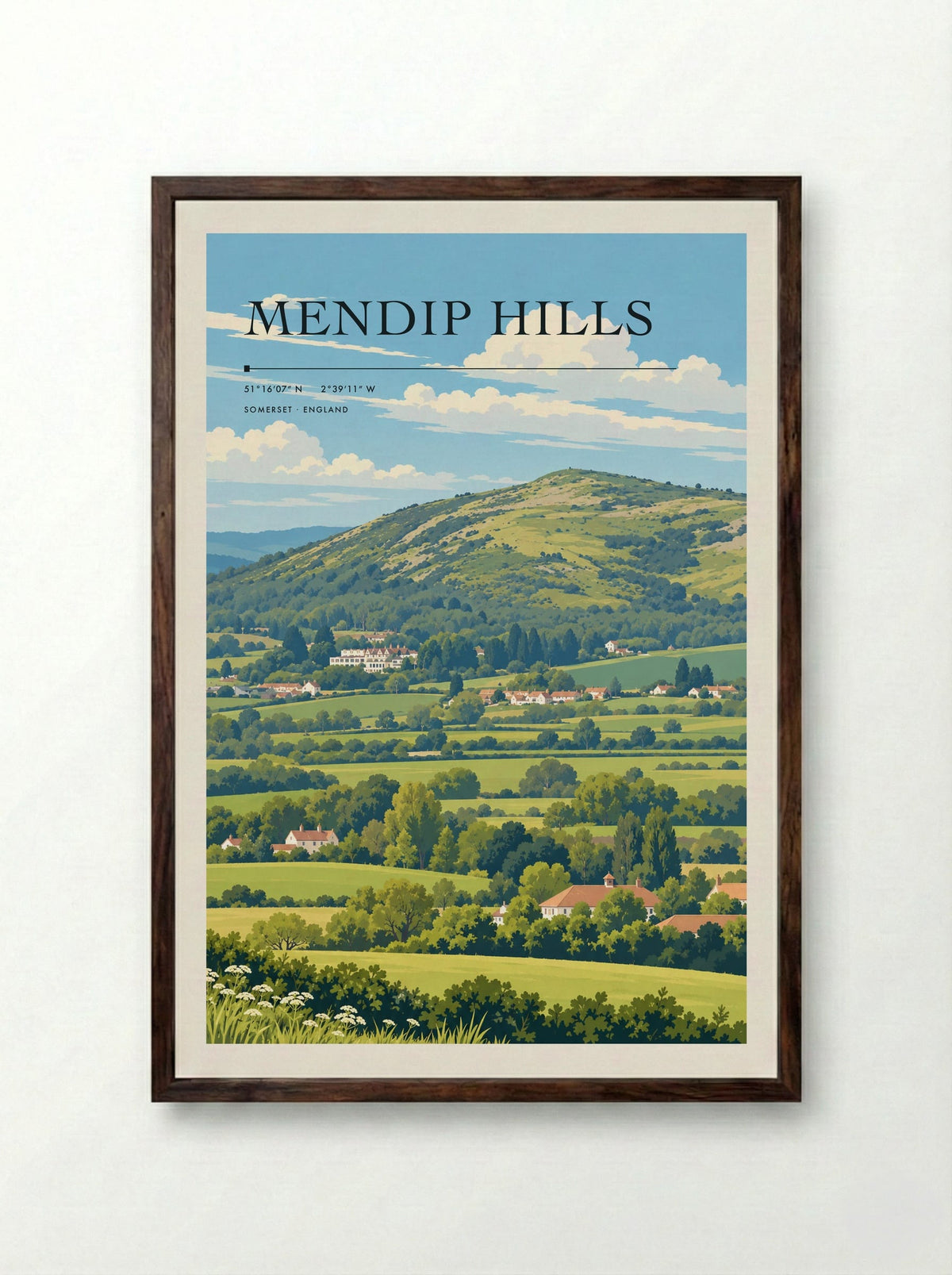 Mendip Hills, Somerset | Travel Poster - Framed Print Dark Wood