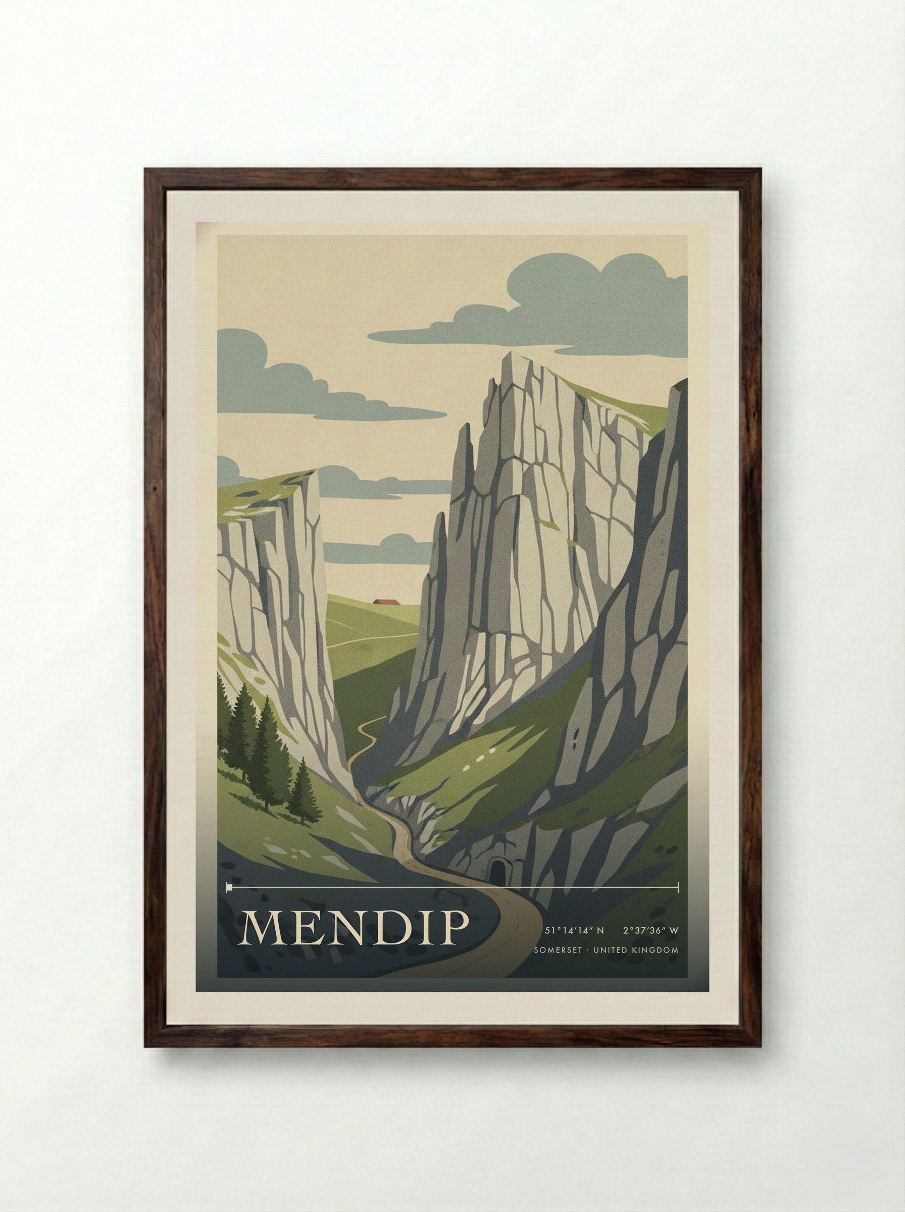 Mendip Somerset United Kingdom Travel Poster - Framed Print Dark Wood
