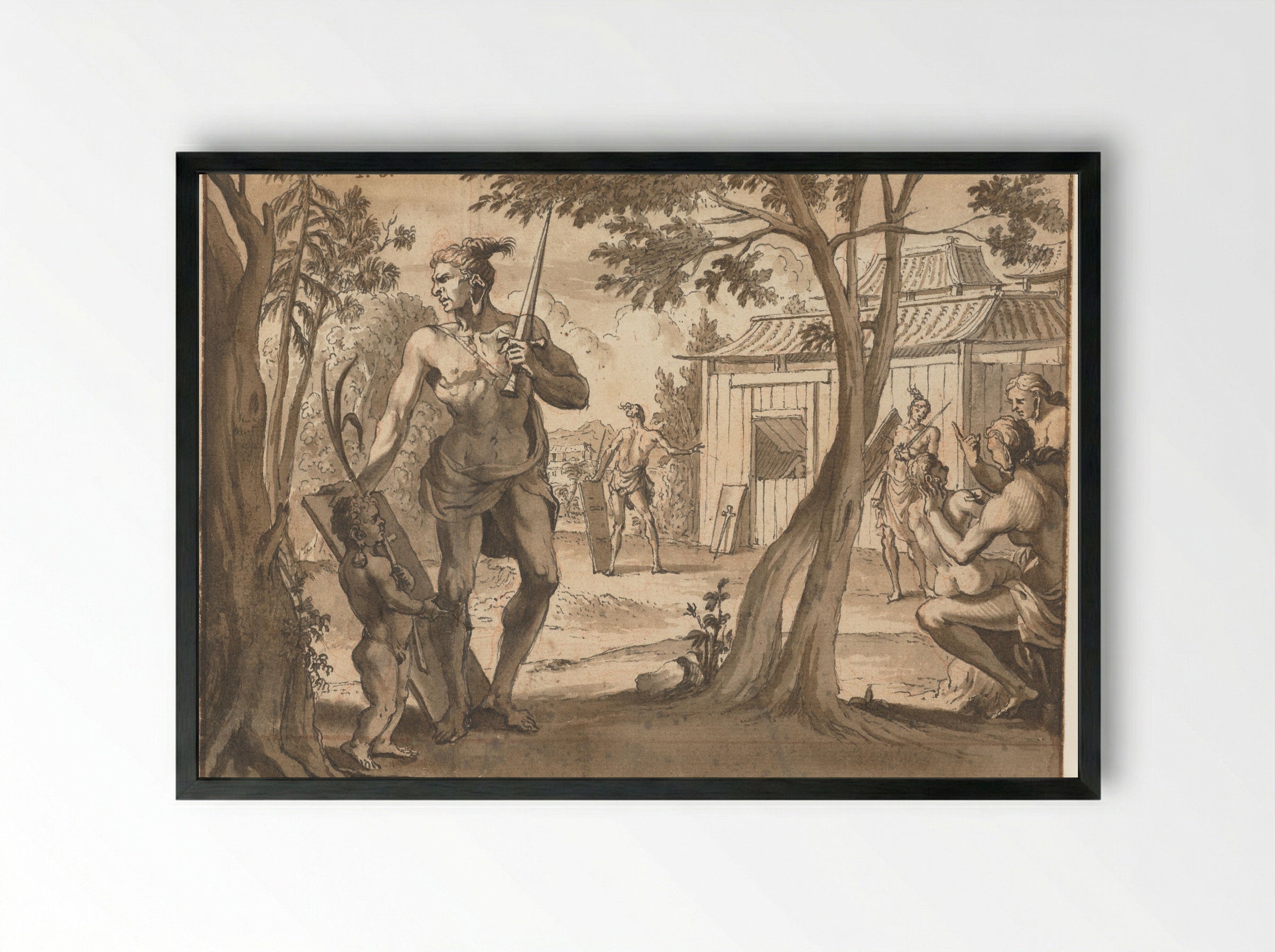 Mensen bij een houten gebouw - Jan Goeree - Framed Print Black