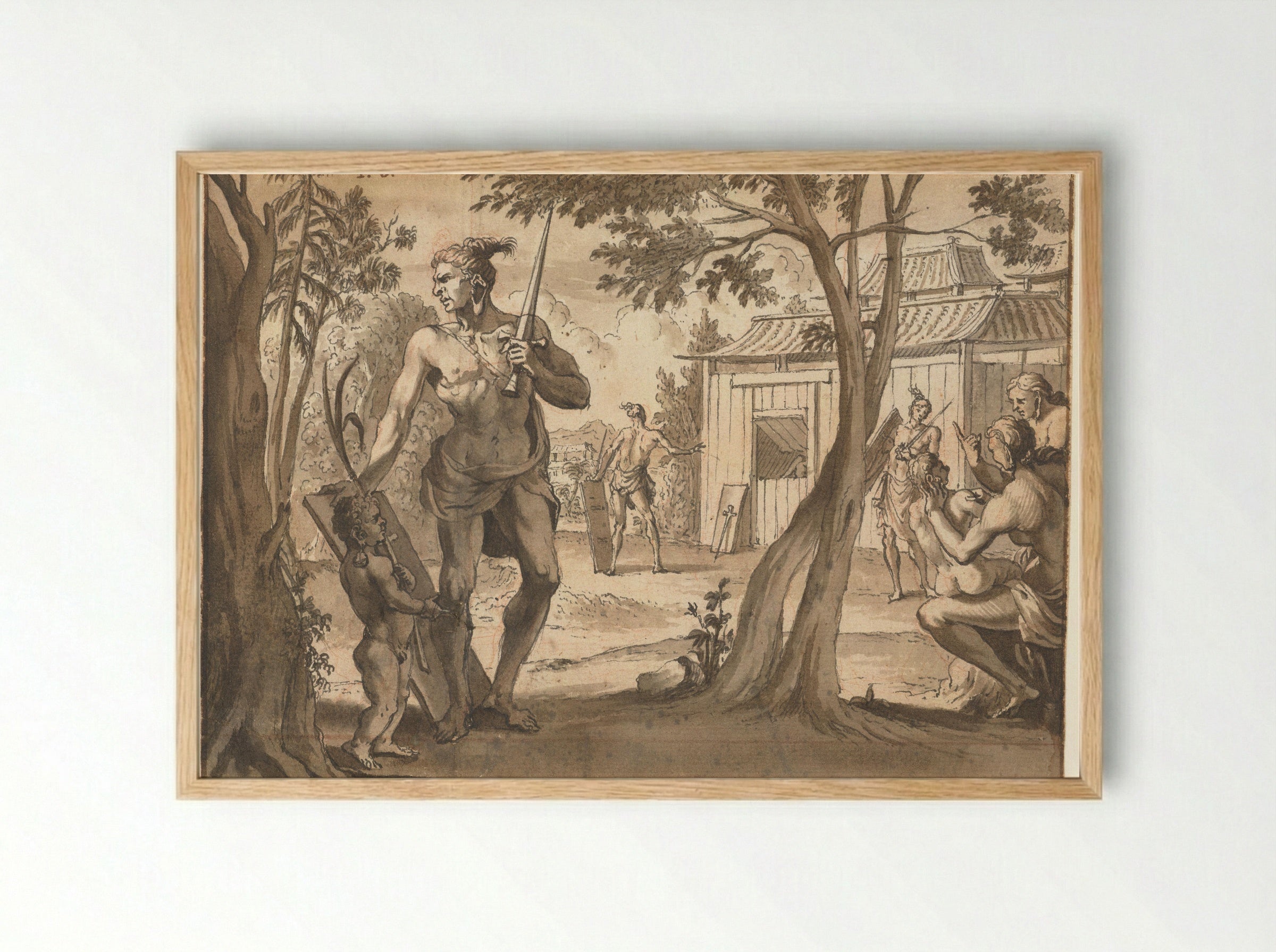 Mensen bij een houten gebouw - Jan Goeree - Framed Print Wood