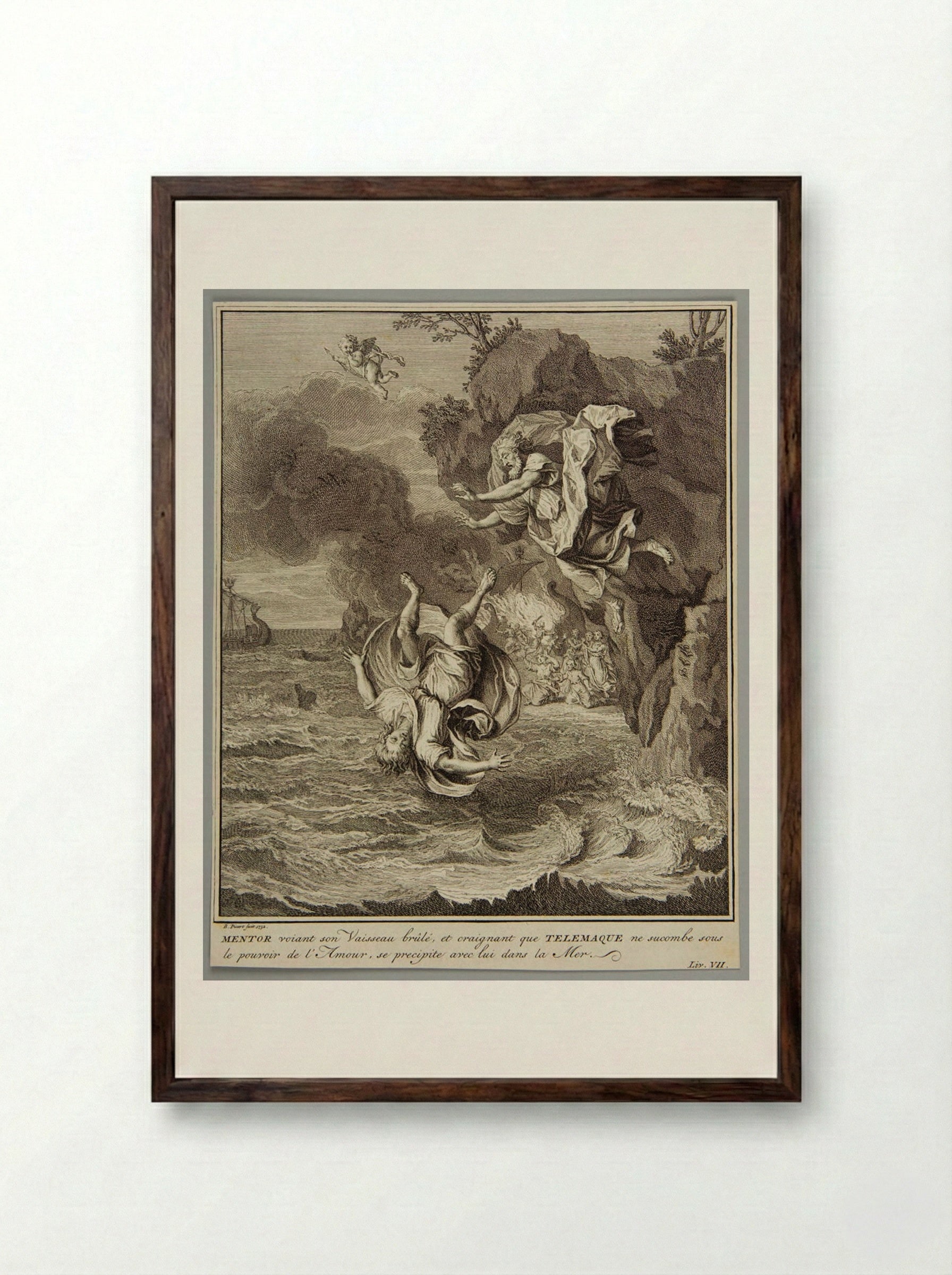 Mentor and Telemachus Falling into the Sea - Bernard Picart - Framed Print Dark Wood