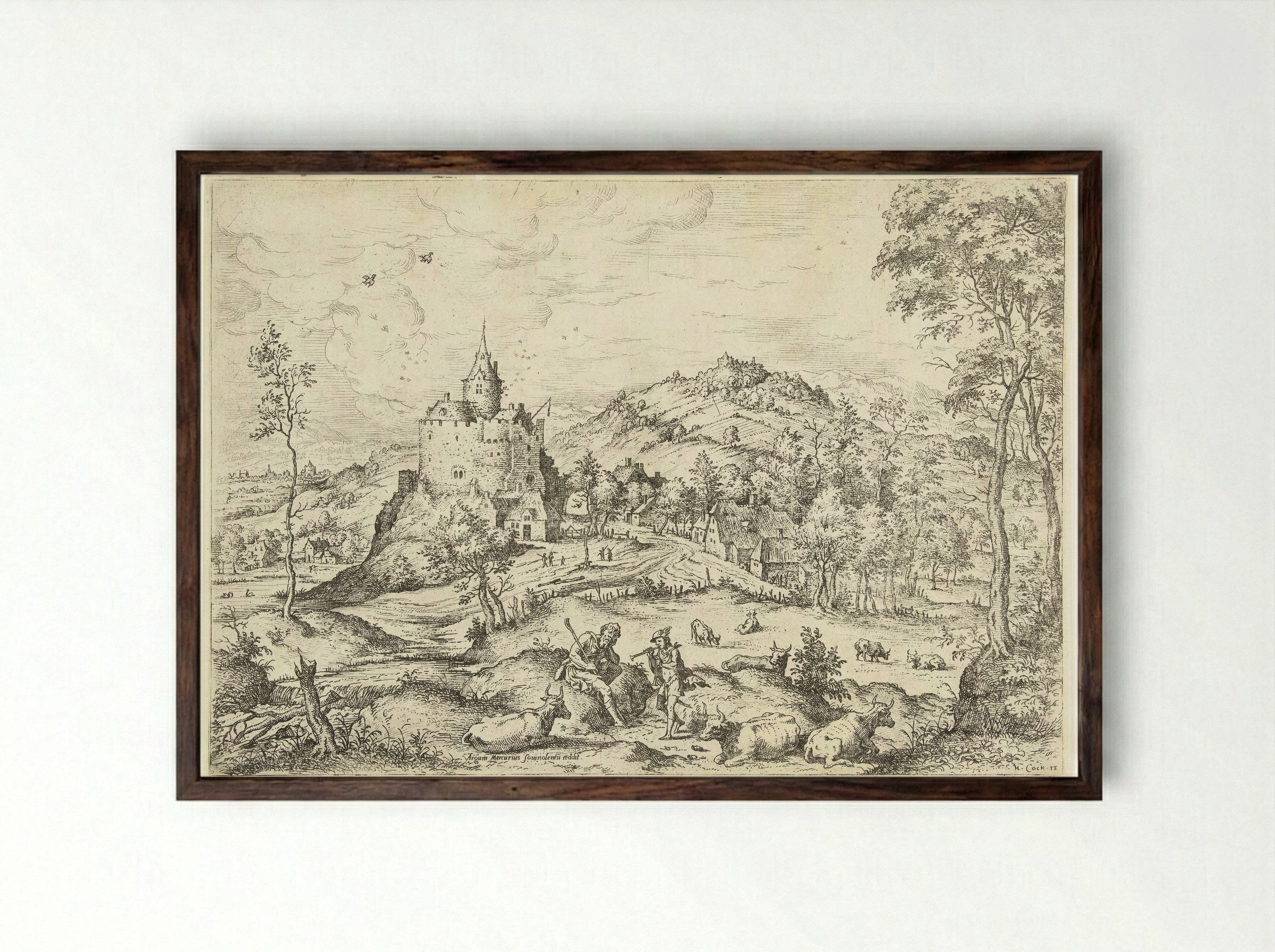 Mercurius en Argus - Hieronymus Cock - Framed Print Dark Wood