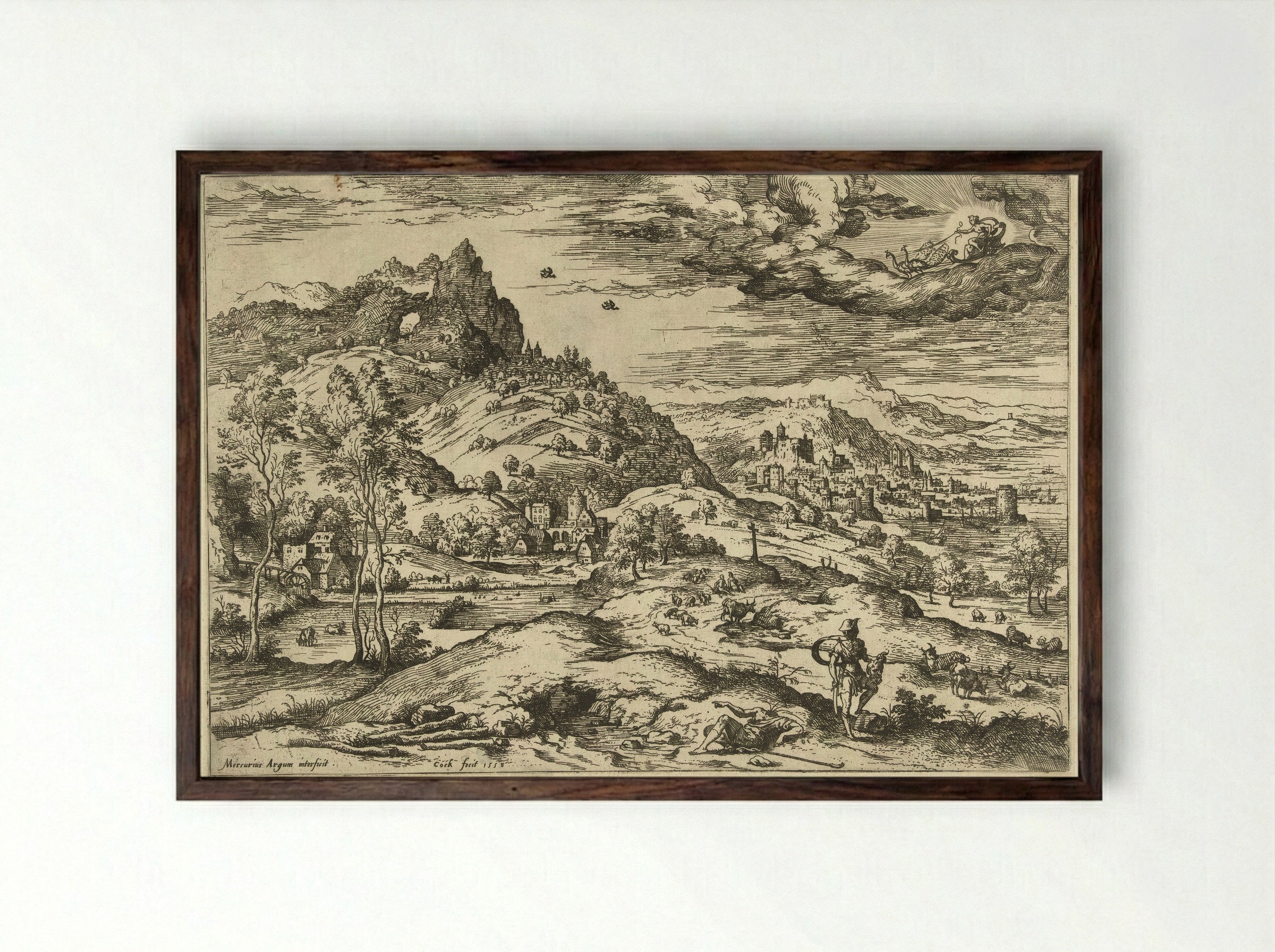 Mercurius met het hoofd van Argus - Hieronymus Cock - Framed Print Dark Wood