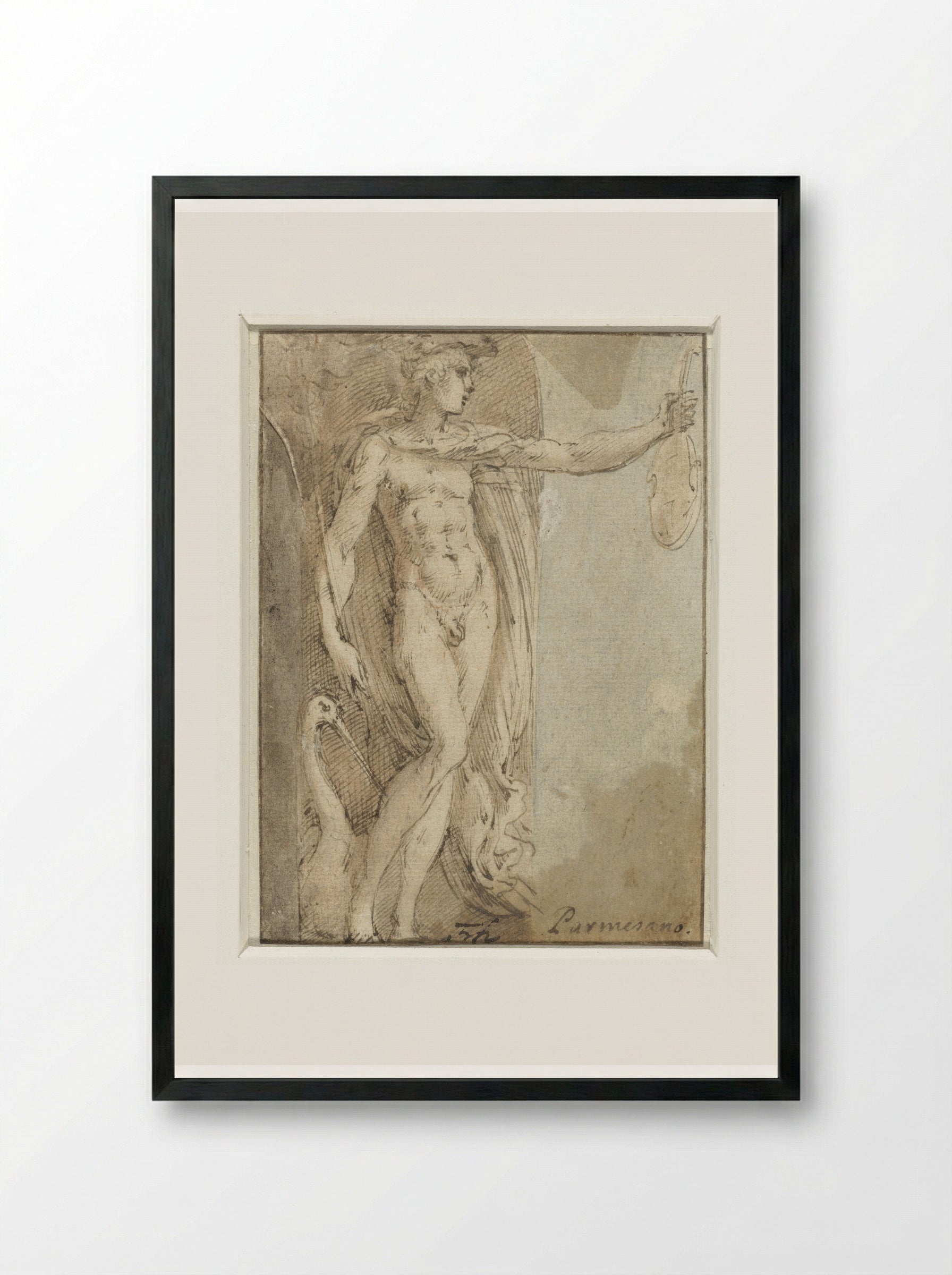 Mercury Standing in a Niche with a Violin and an Ibis - Parmigianino - Framed Print Black