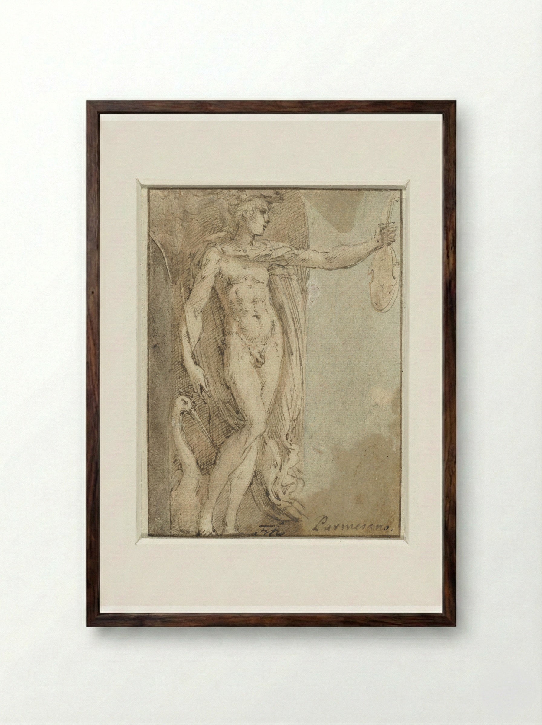Mercury Standing in a Niche with a Violin and an Ibis - Parmigianino - Framed Print Dark Wood