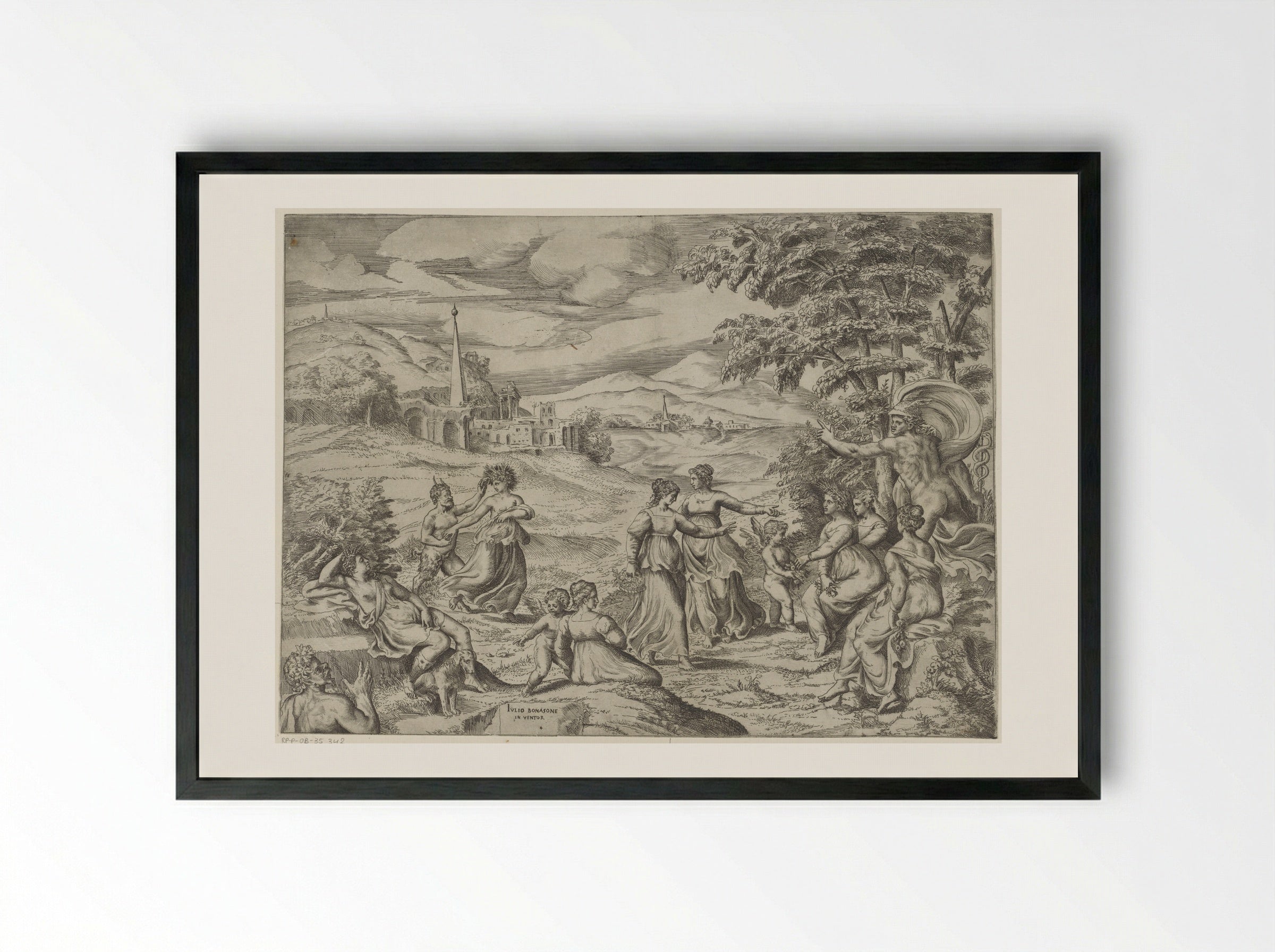 Mercury Telling the Story of Pan and Syrinx - Giulio Bonasone - Framed Print Black