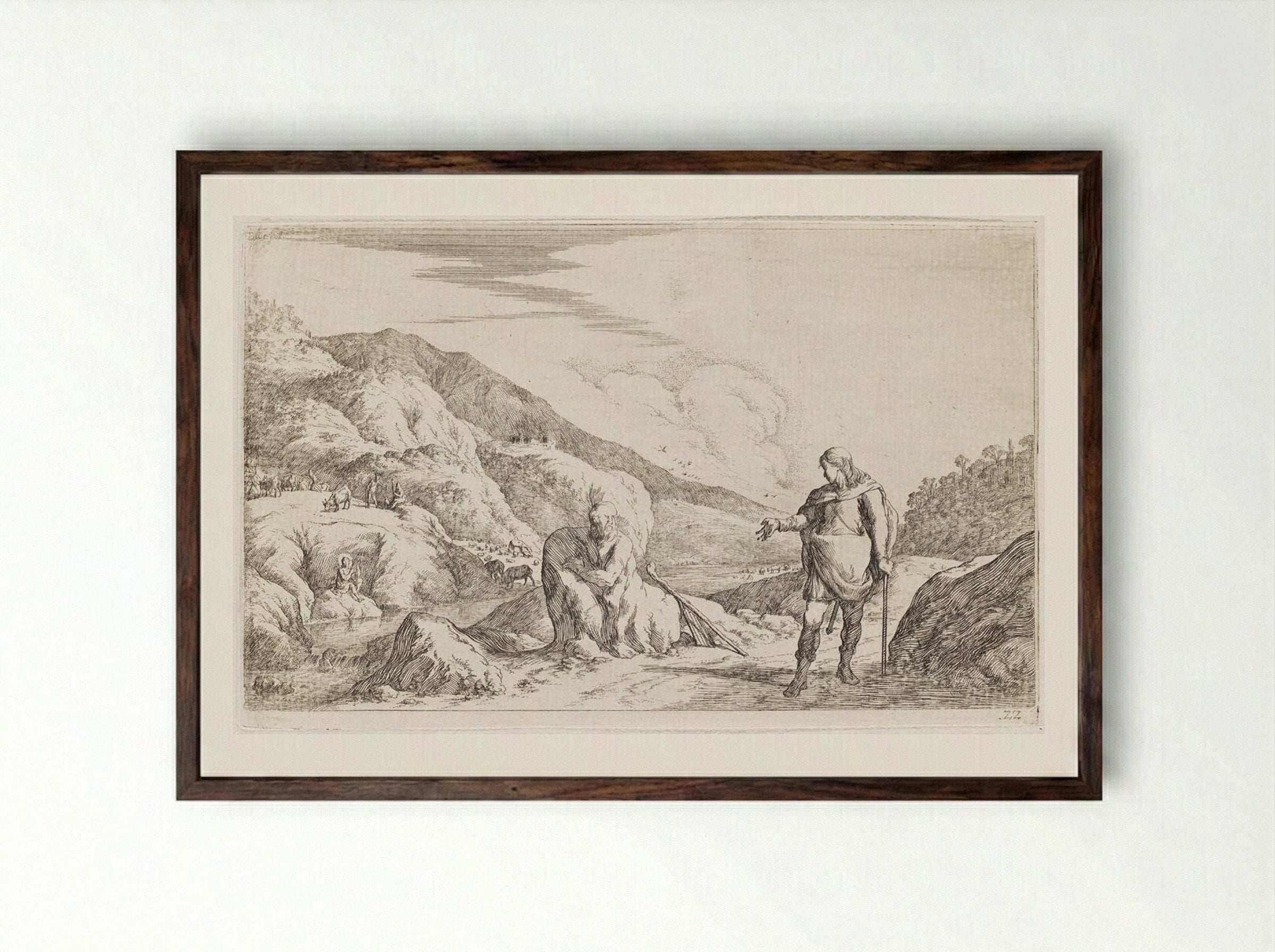 Mercury Transforms Battus into Stone - Johann Wilhelm Baur - Framed Print Dark Wood