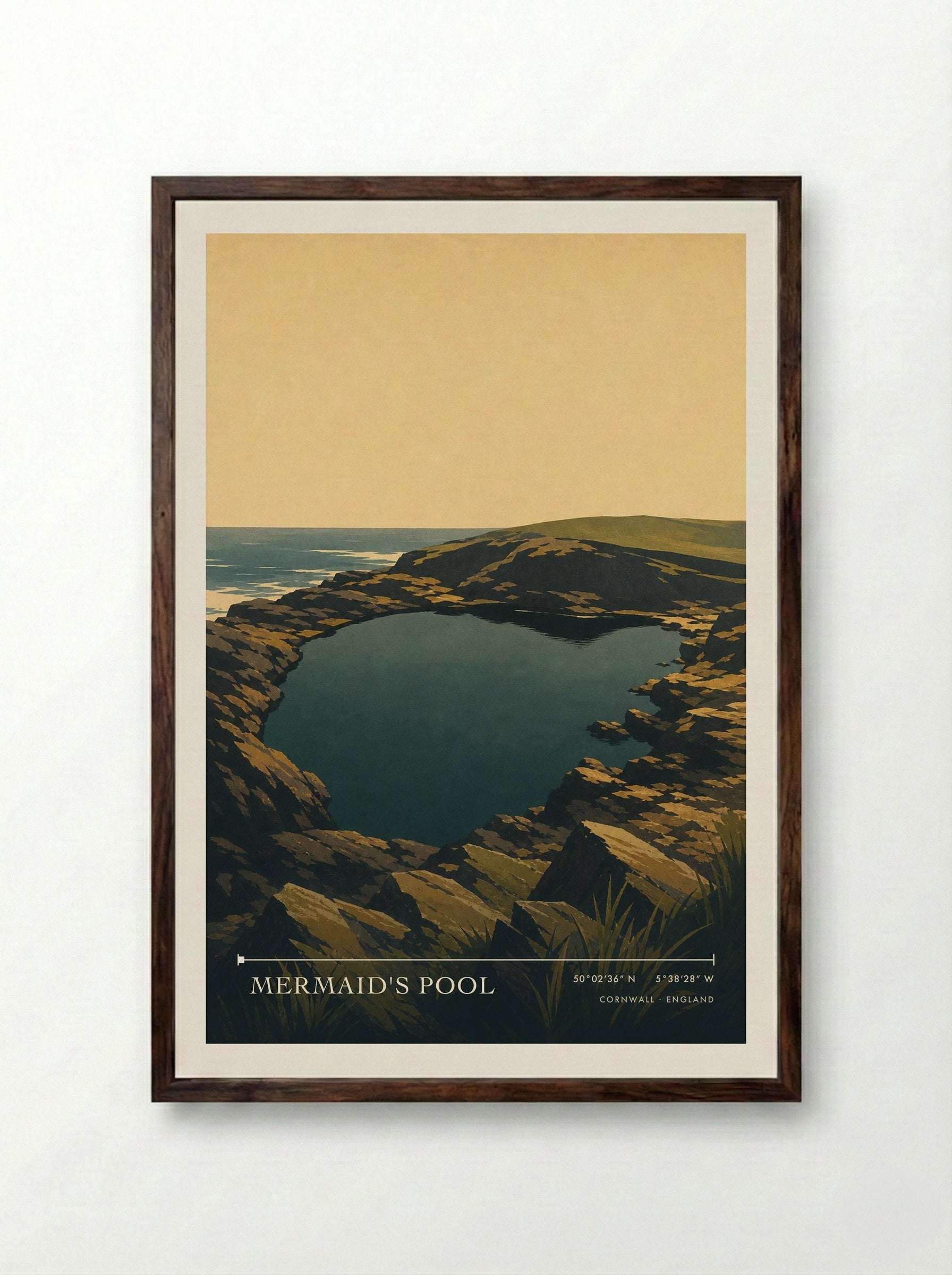 Mermaid's Pool Cornwall England Travel Poster - Framed Print Dark Wood