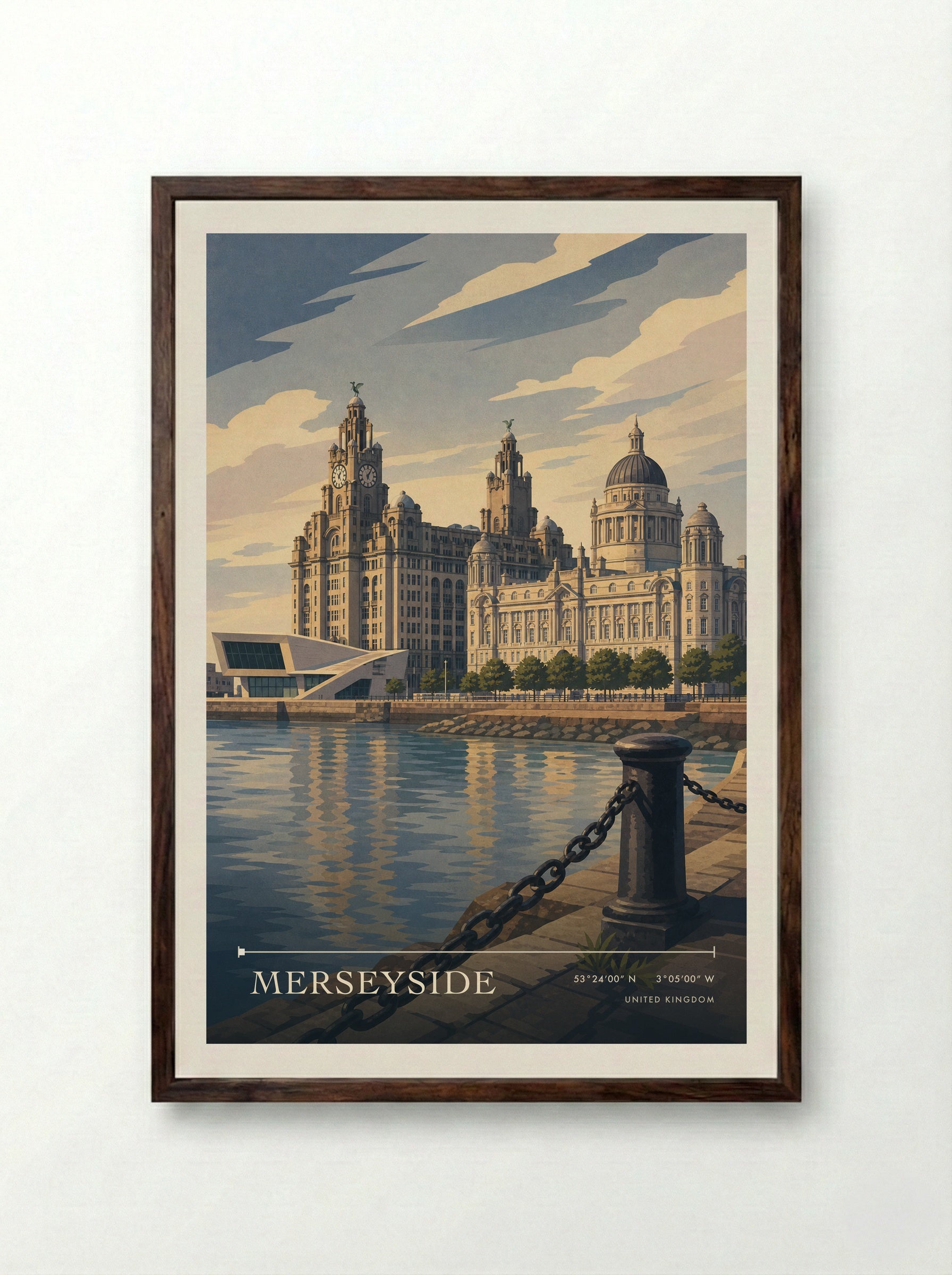 Merseyside United Kingdom Travel Poster - Framed Print Dark Wood
