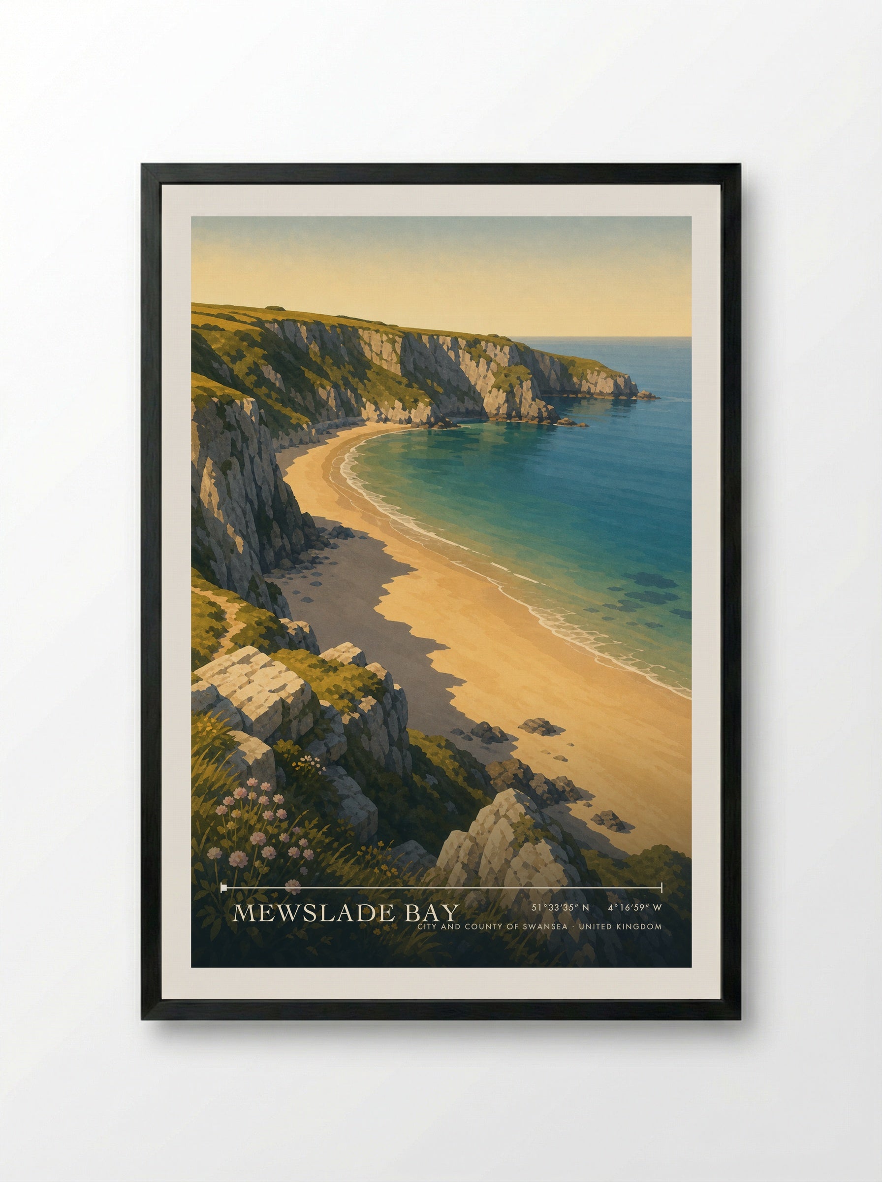 Mewslade Bay City and County of Swansea United Kingdom Travel Poster - Framed Print Black
