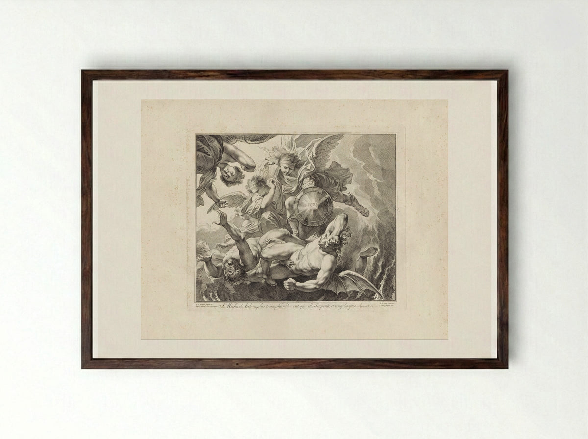 Michaël vecht tegen duivels - Jan Punt - Framed Print Dark Wood