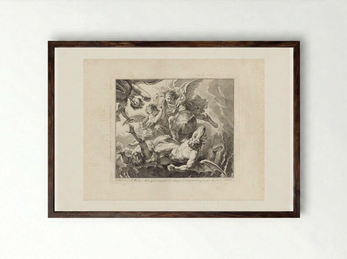 Michaël vecht tegen duivels - Jan Punt - Framed Print Dark Wood