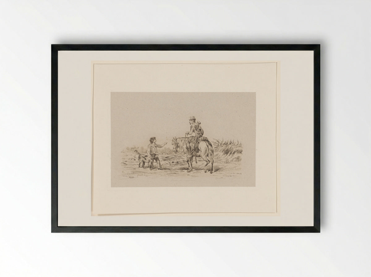 Militair klaroenblazer te paard bij een jongetje met hond - Berthe Césarine Corvisart - Framed Print Black